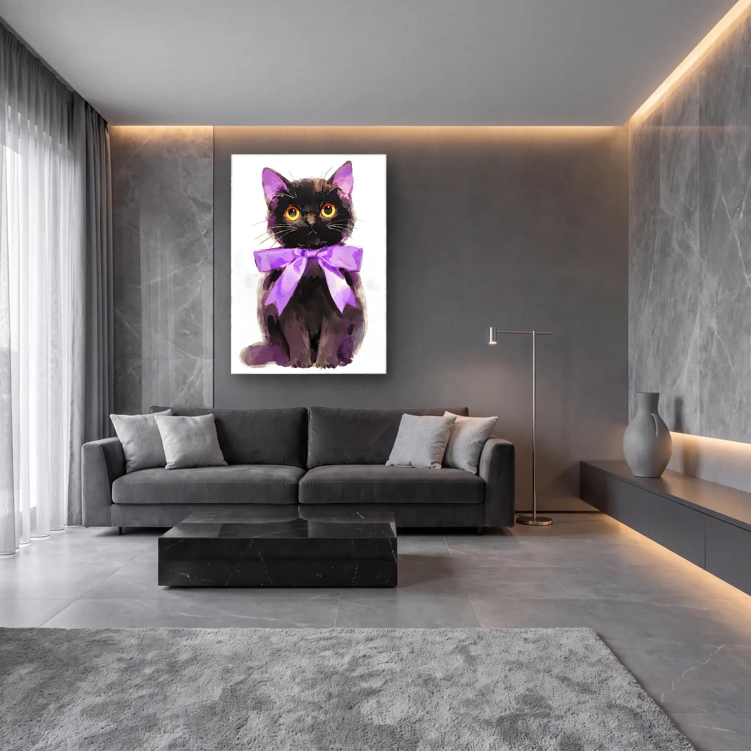 Sevimli İllüstrasyon Kedi No. 8 cam tablo — lüks salon duvarında