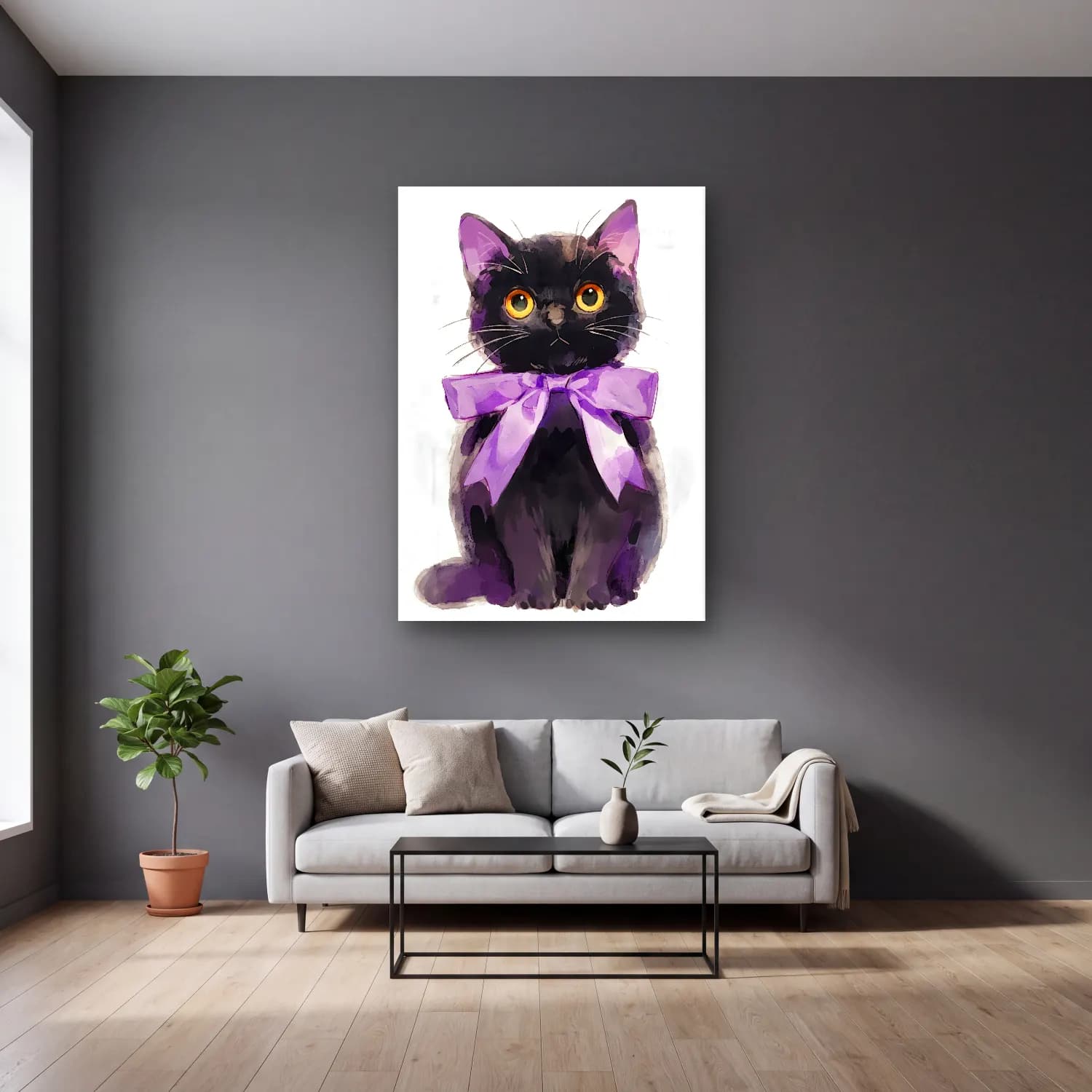 Sevimli İllüstrasyon Kedi No. 8 cam tablo — gri duvarlı salonda