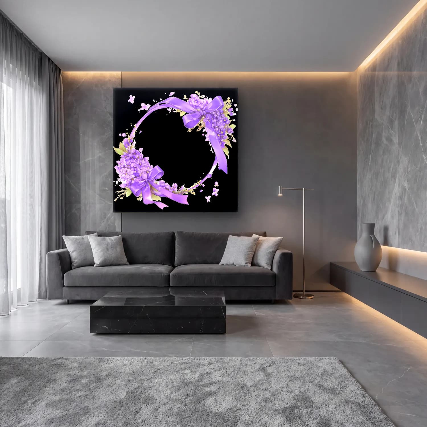 Pastel Çelenk No. 5 cam tablo — lüks salon duvarında