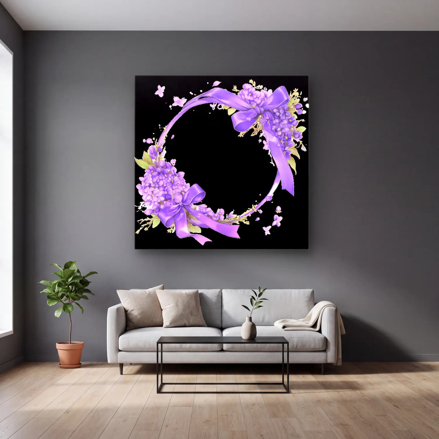 Pastel Çelenk No. 5 cam tablo — gri duvarlı salonda
