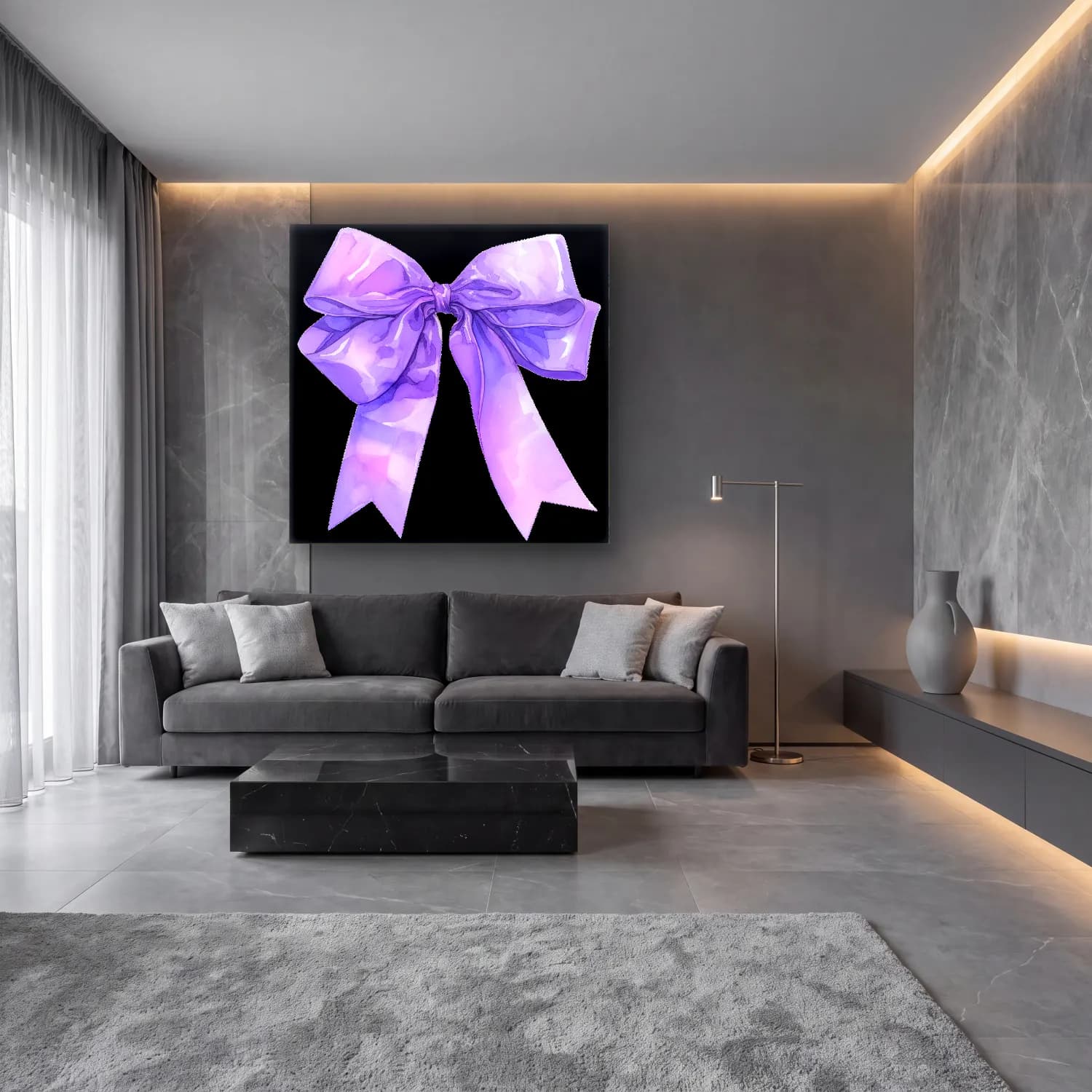 Pastel Fiyonk No. 34 cam tablo — lüks salon duvarında