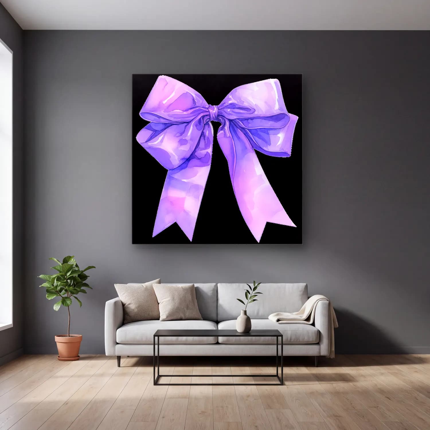 Pastel Fiyonk No. 34 cam tablo — gri duvarlı salonda