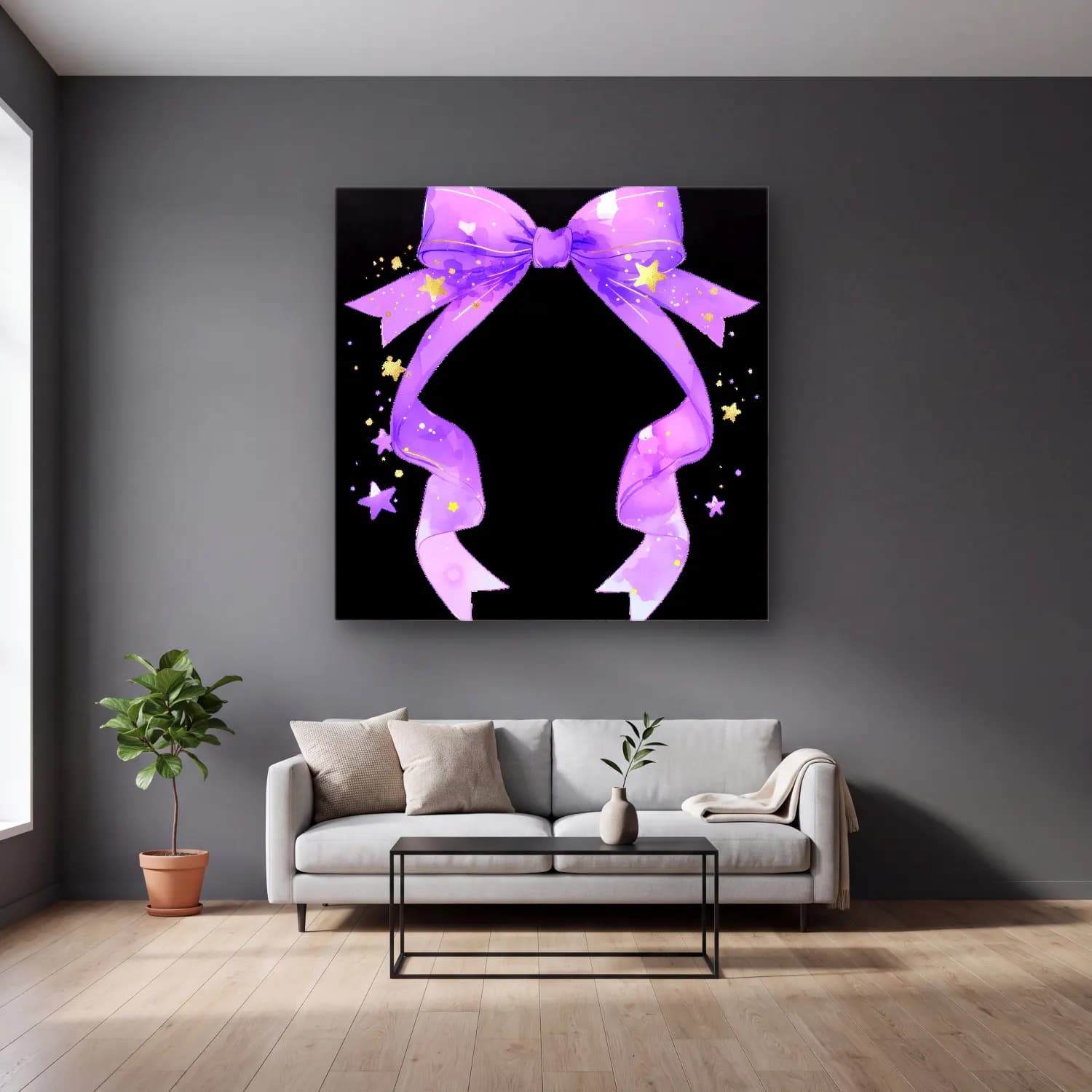 Pastel Fiyonk No. 35 cam tablo — gri duvarlı salonda