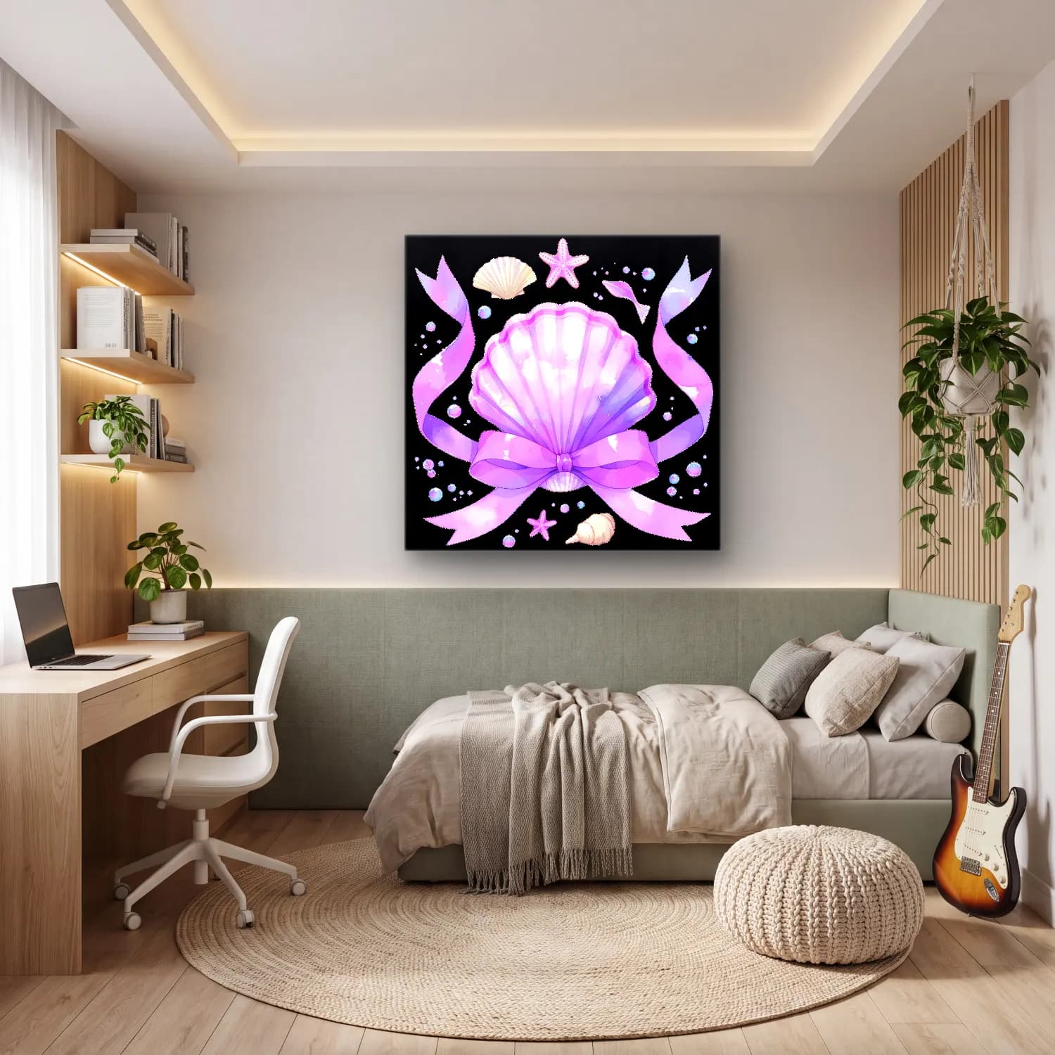 Pastel Deniz Kabukları cam tablo — genç odasında