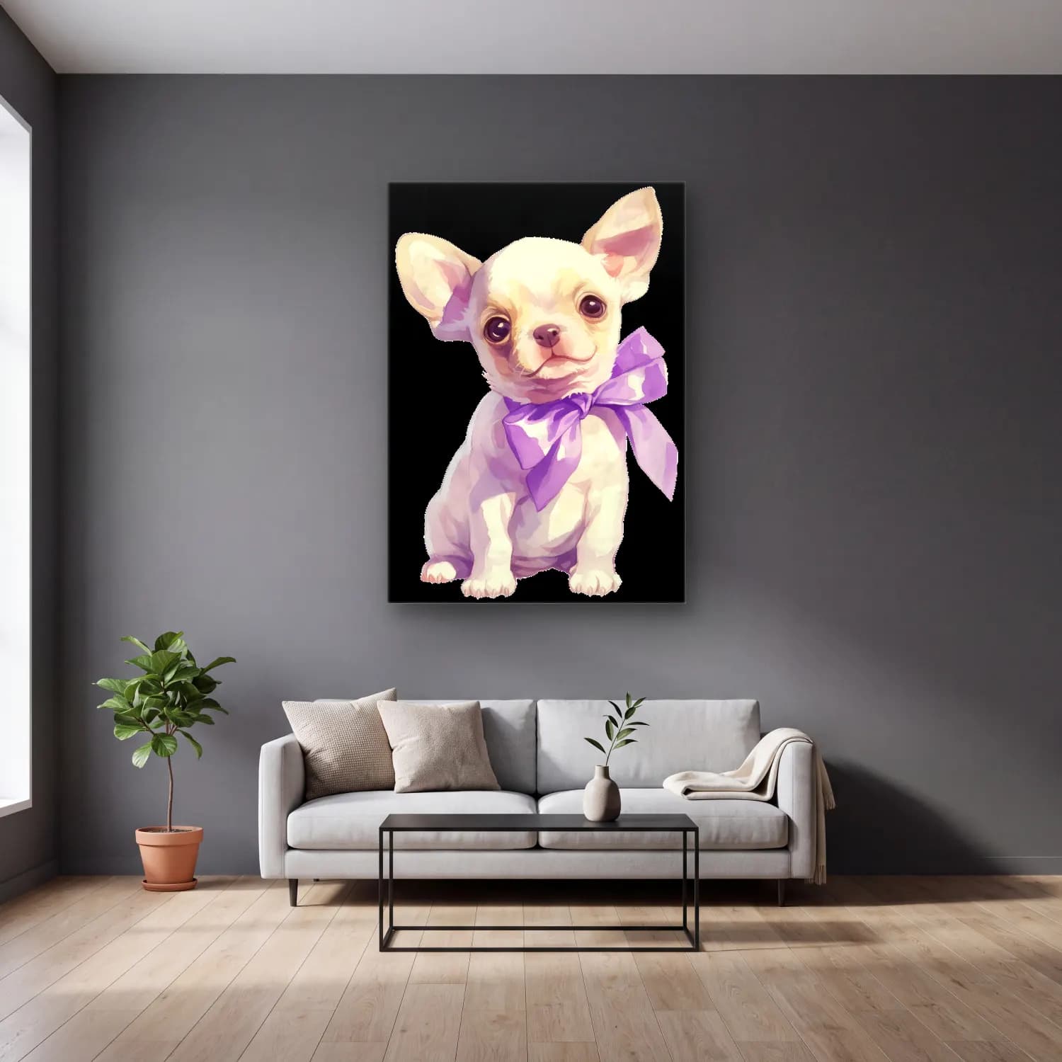 Sevimli İllüstrasyon Köpek No. 11 cam tablo — gri duvarlı salonda