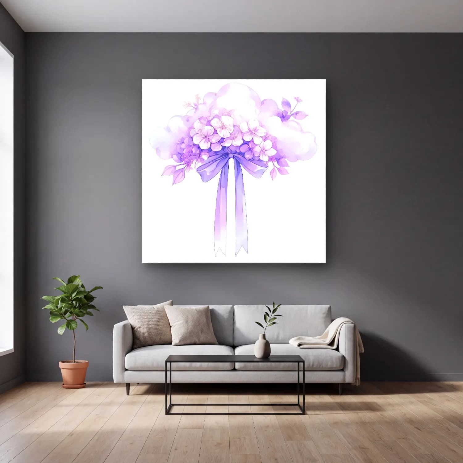 Pastel Vazoda Çiçek Buketi No. 4 cam tablo — gri duvarlı salonda