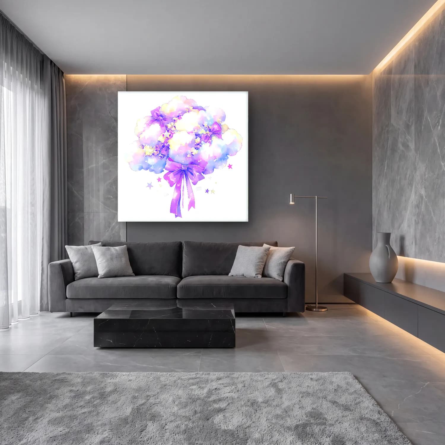 Pastel Ortancalar – Mor Tonlar cam tablo — lüks salon duvarında