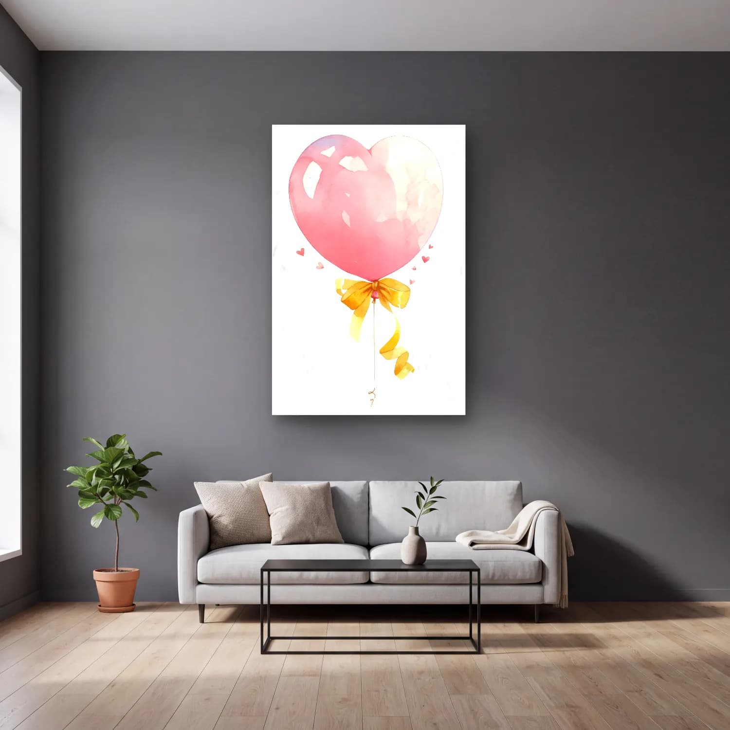 Suluboya Fiyonk – Pembe Tonlar cam tablo — gri duvarlı salonda