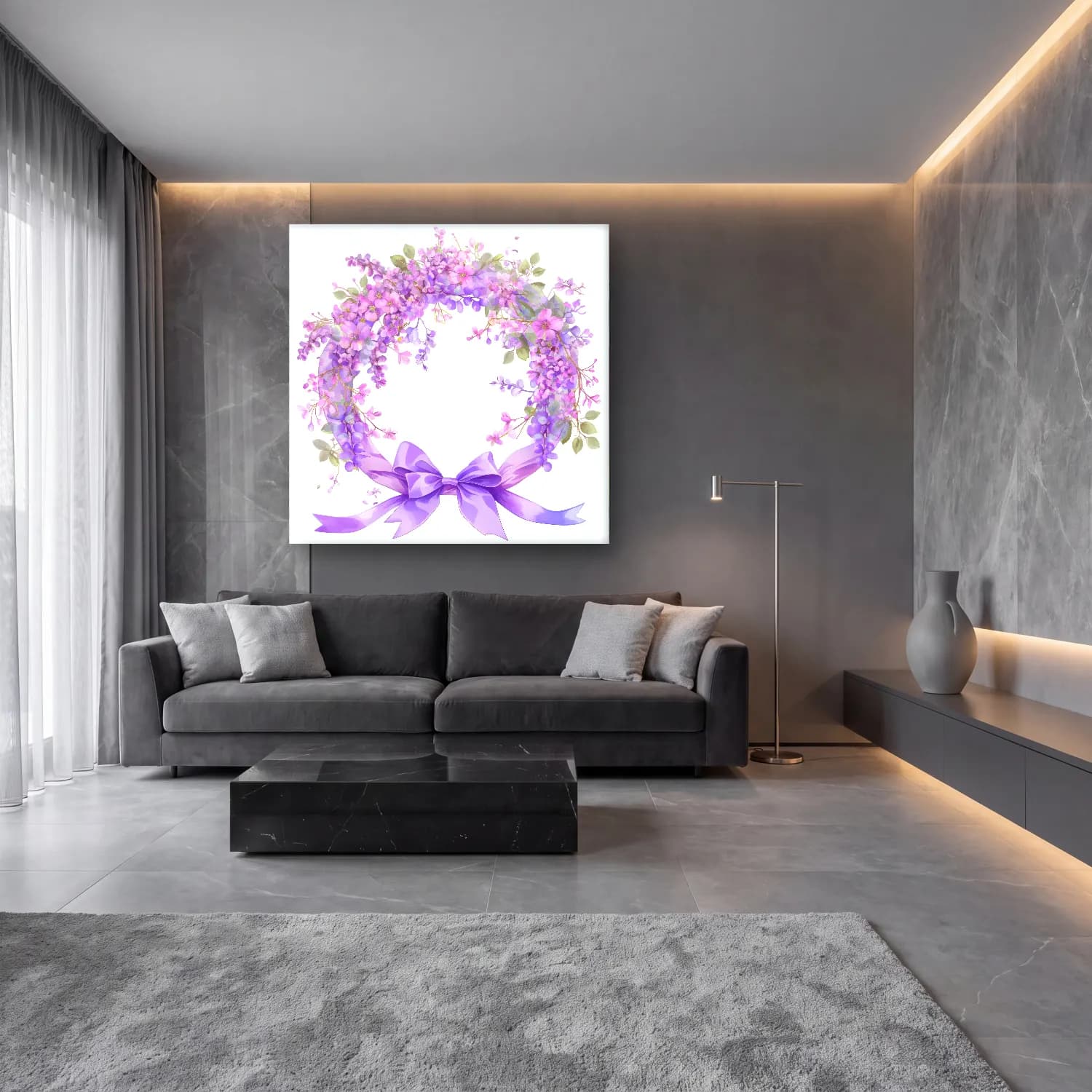 Pastel Çelenk No. 6 cam tablo — lüks salon duvarında