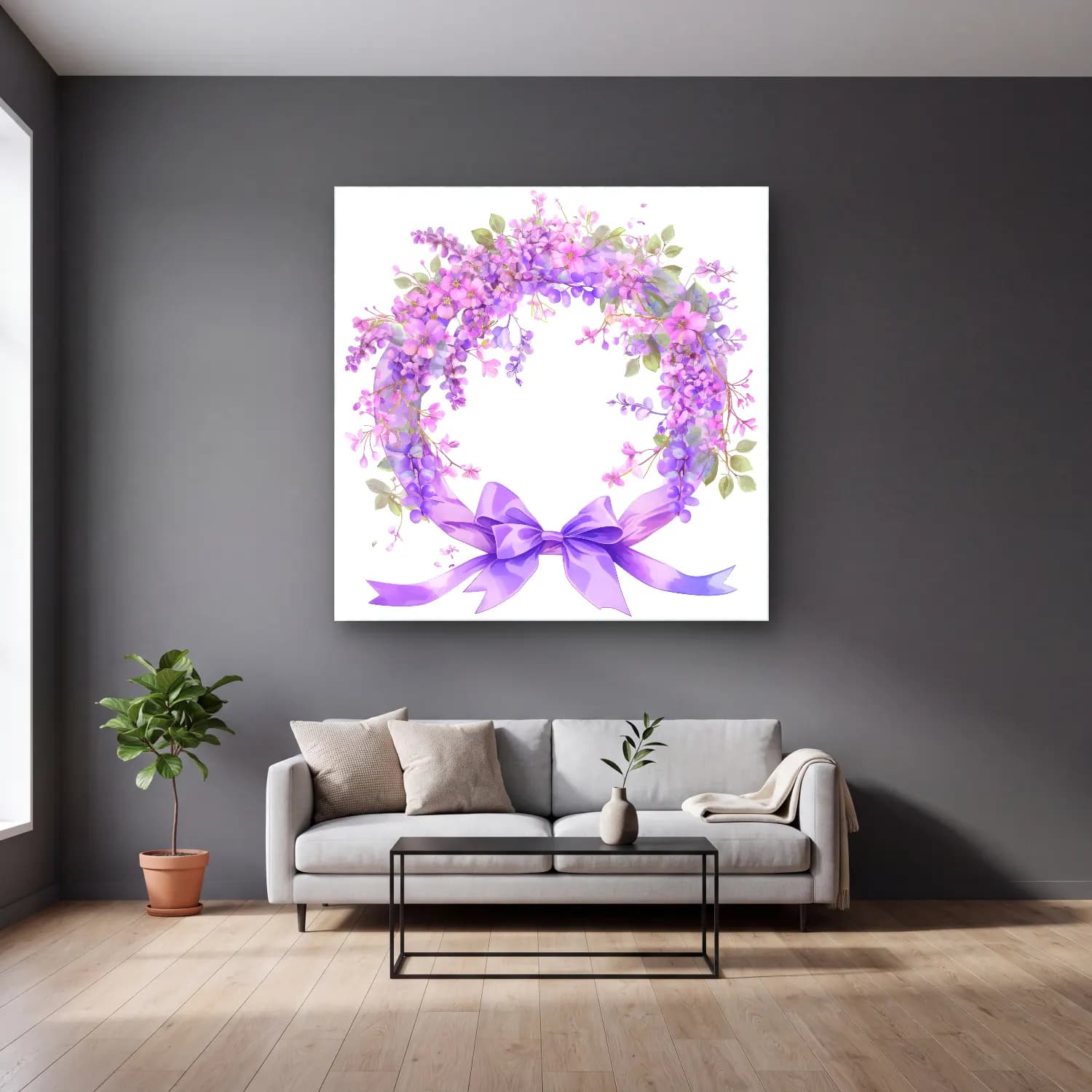 Pastel Çelenk No. 6 cam tablo — gri duvarlı salonda