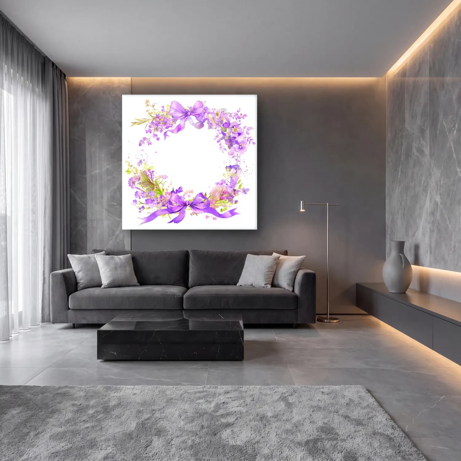 Pastel Çelenk No. 7 cam tablo — lüks salon duvarında
