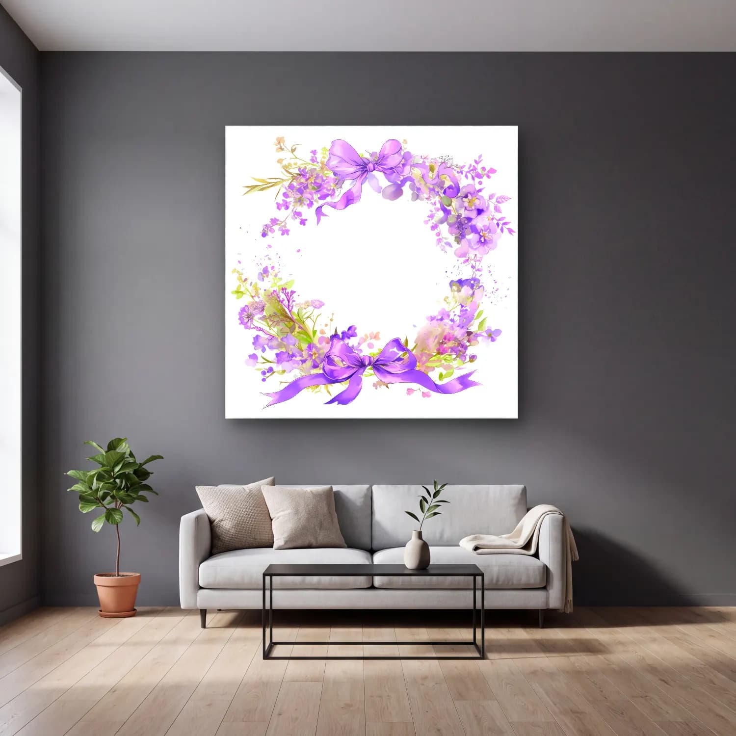 Pastel Çelenk No. 7 cam tablo — gri duvarlı salonda