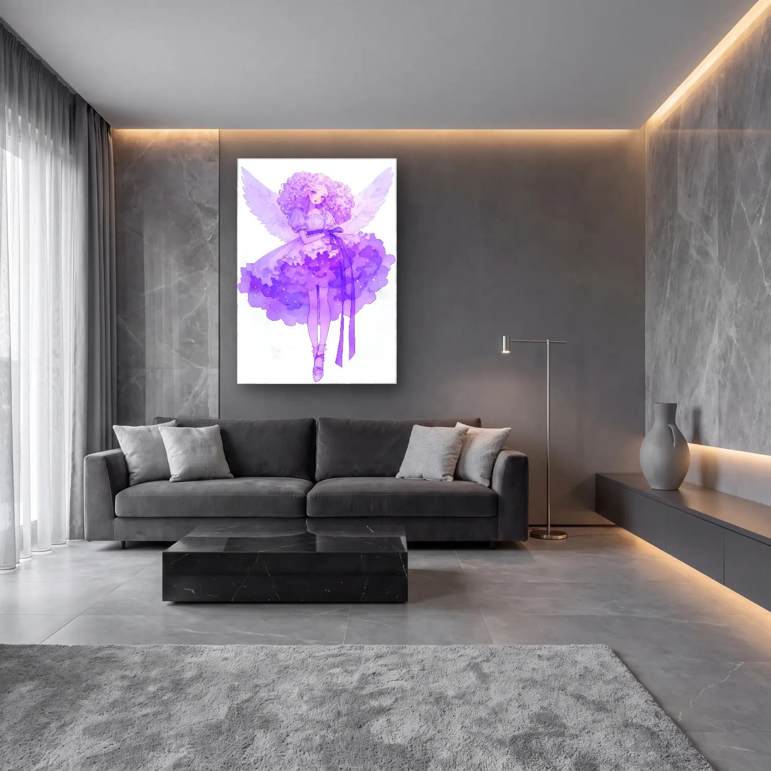 Pastel Melek – Mor Tonlar cam tablo — lüks salon duvarında