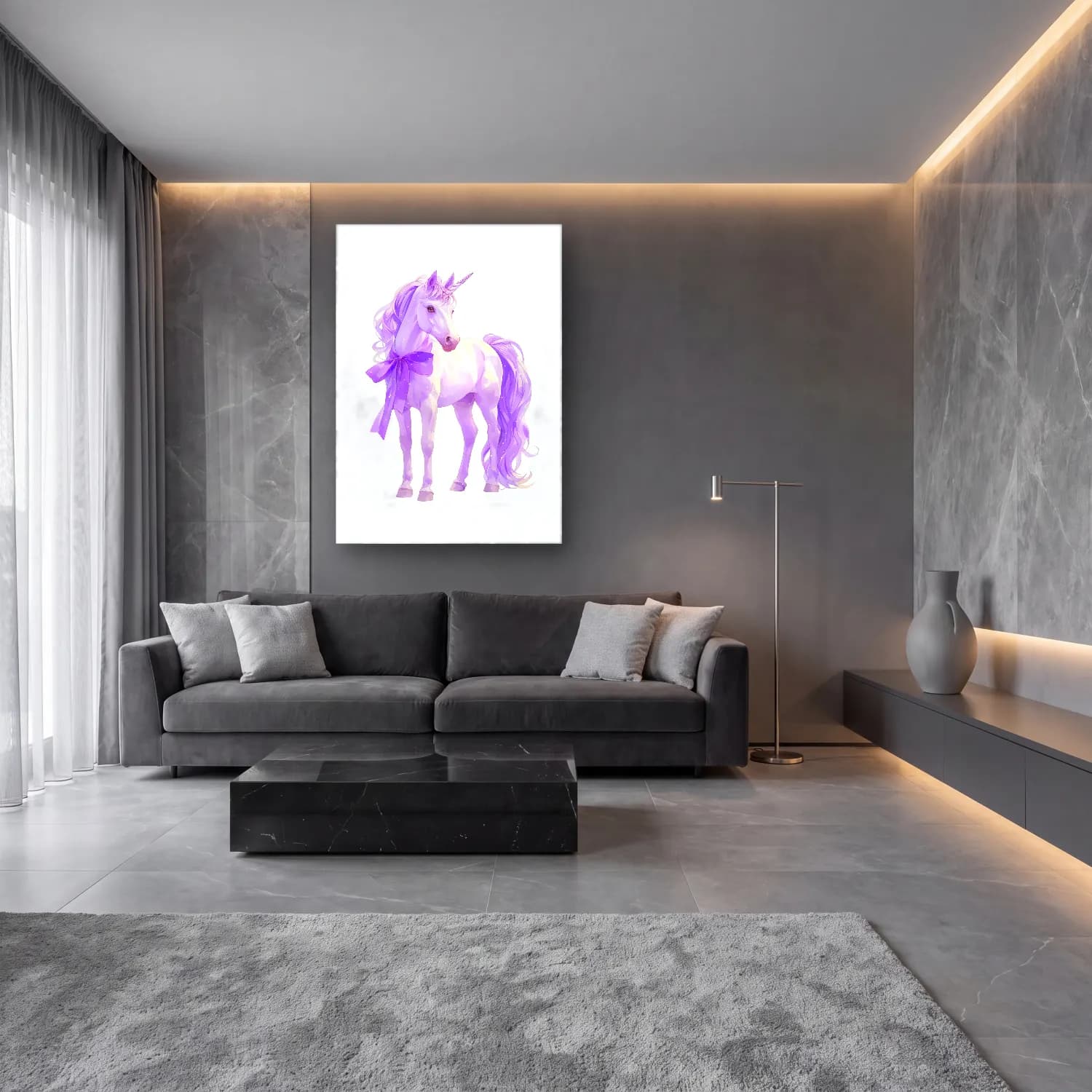 Sevimli İllüstrasyon At No. 5 cam tablo — lüks salon duvarında