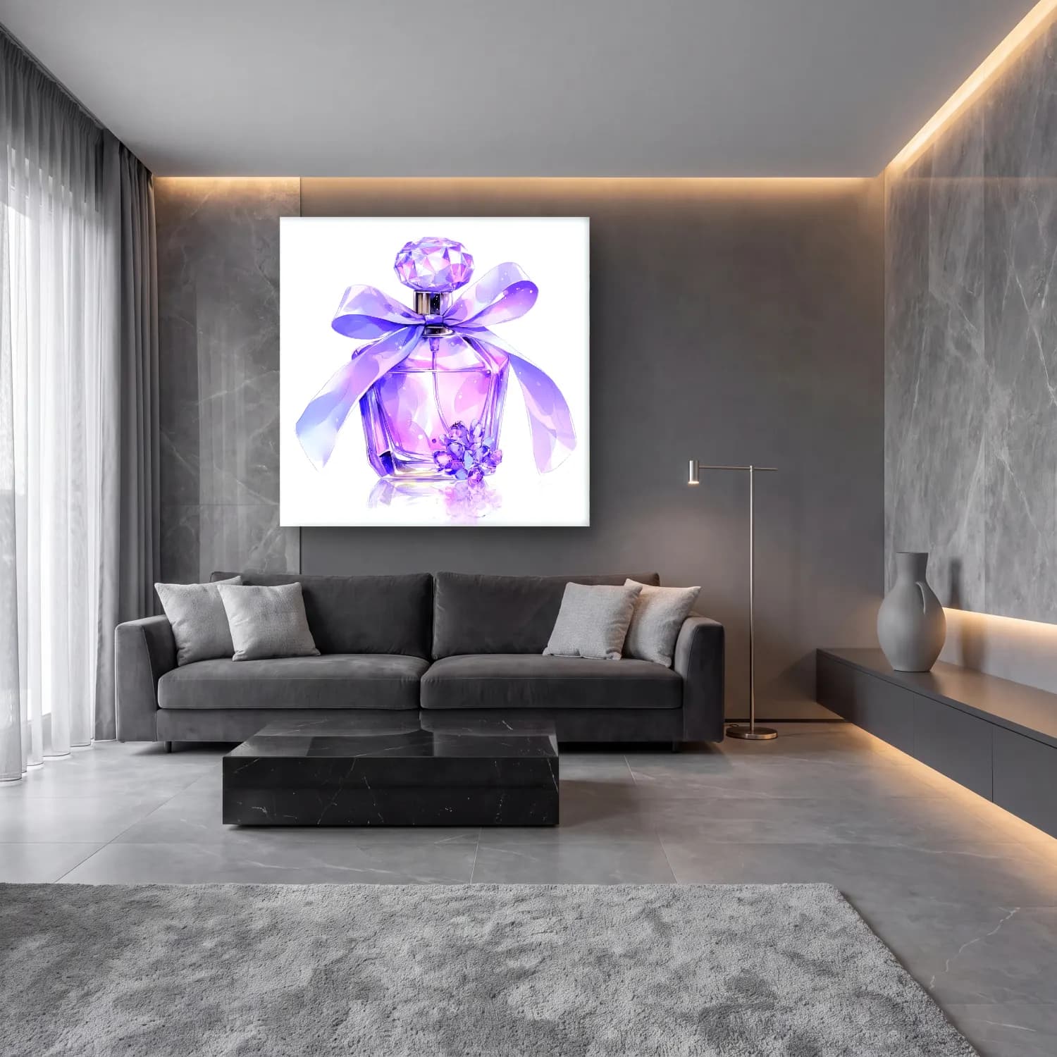 Pastel Parfüm Şişesi No. 5 cam tablo — lüks salon duvarında