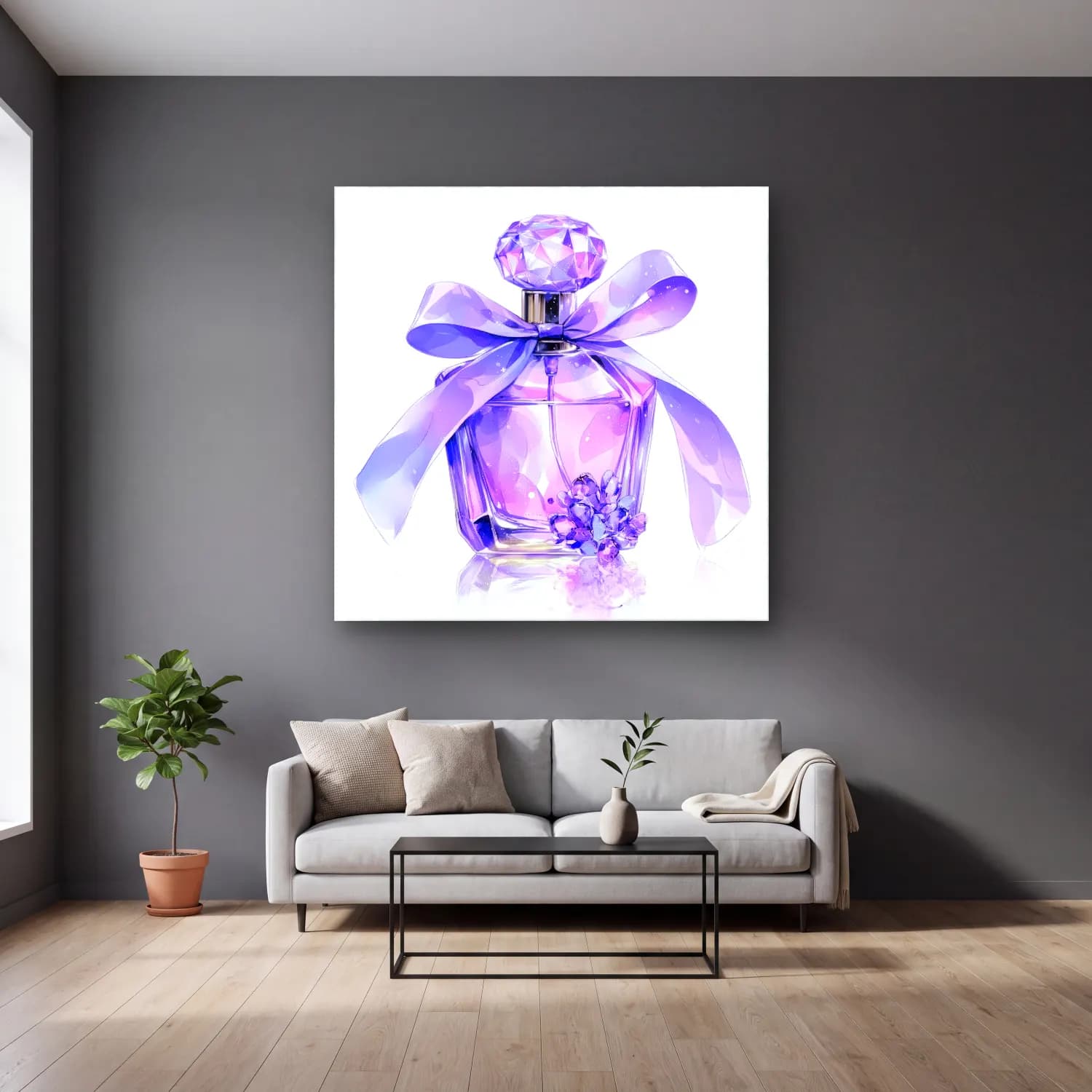 Pastel Parfüm Şişesi No. 5 cam tablo — gri duvarlı salonda