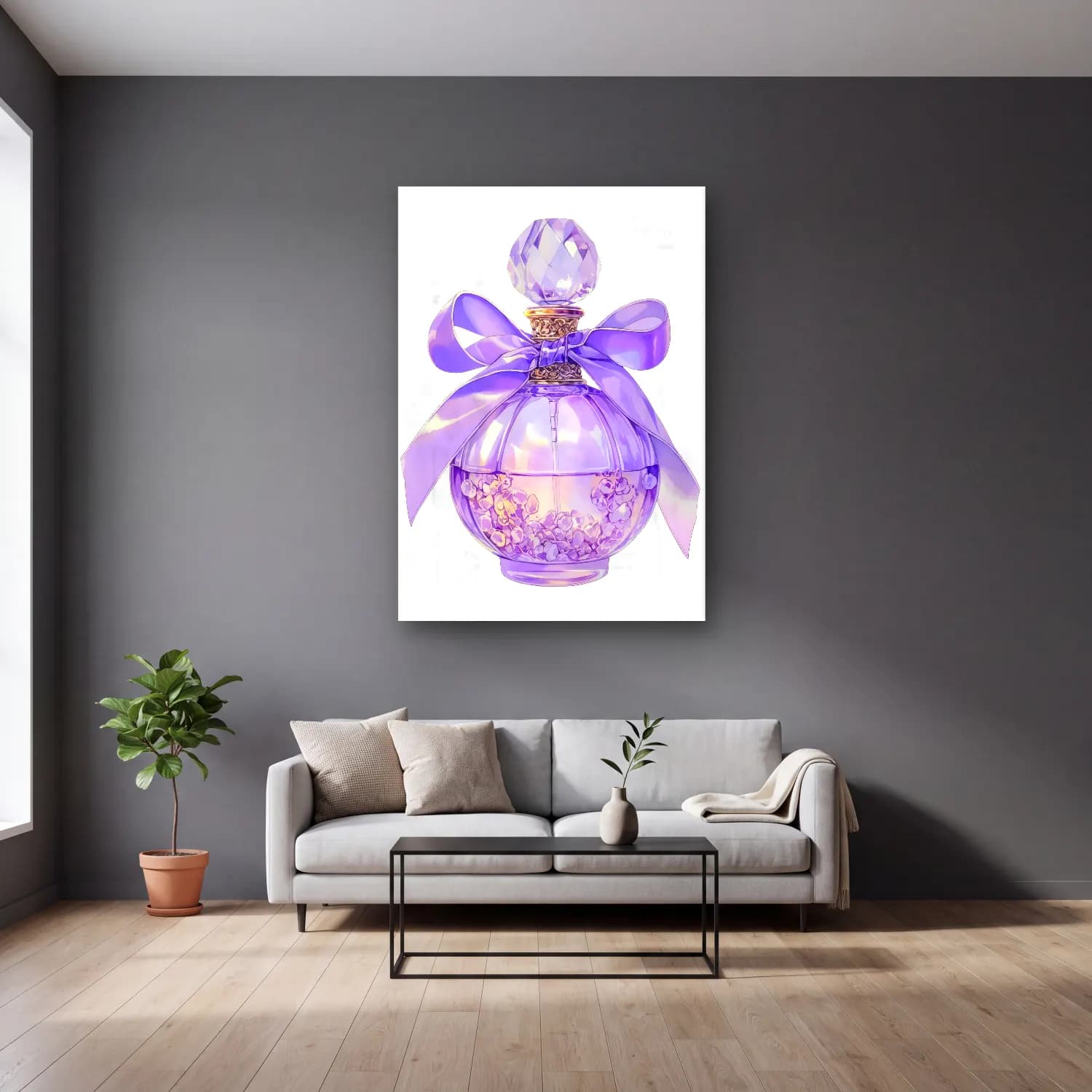 Pastel Parfüm Şişesi No. 4 cam tablo — gri duvarlı salonda