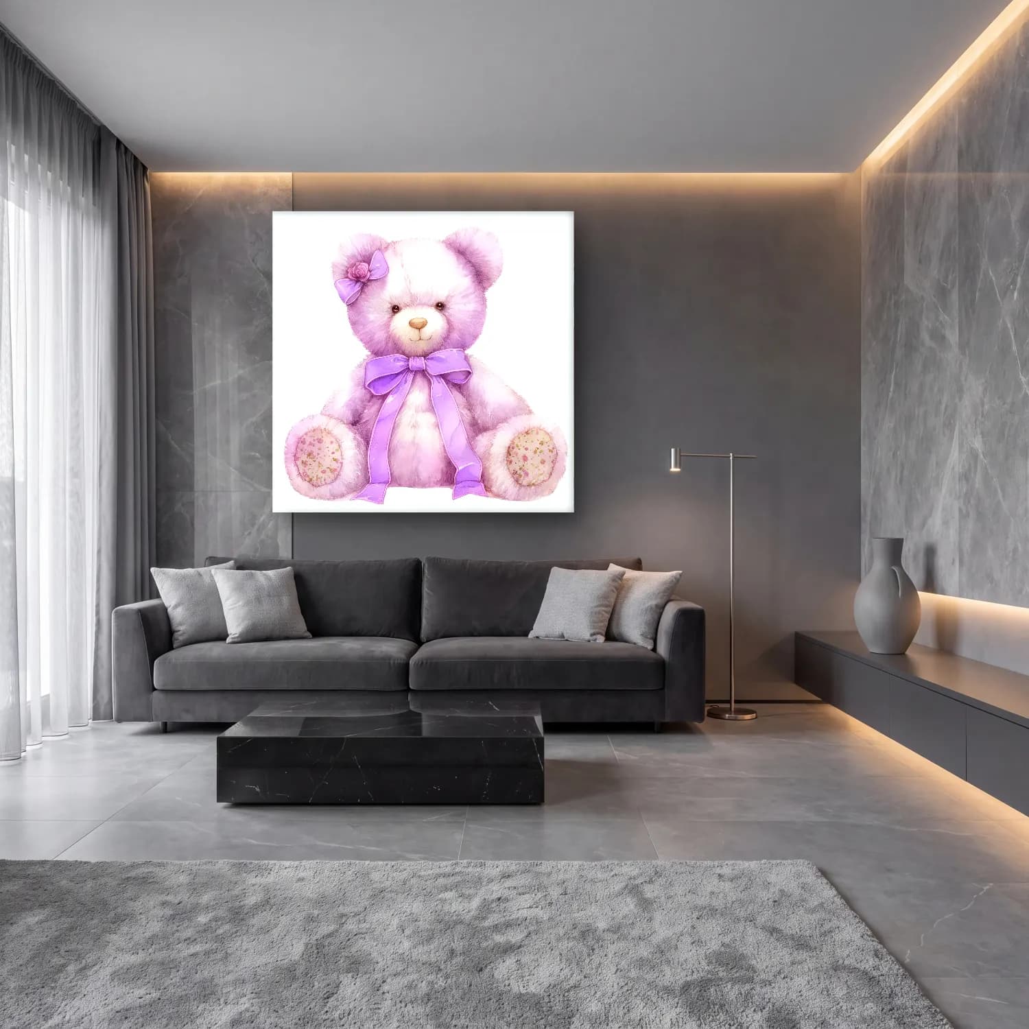 Sevimli İllüstrasyon Oyuncak Ayı – Mor Tonlar cam tablo — lüks salon duvarında
