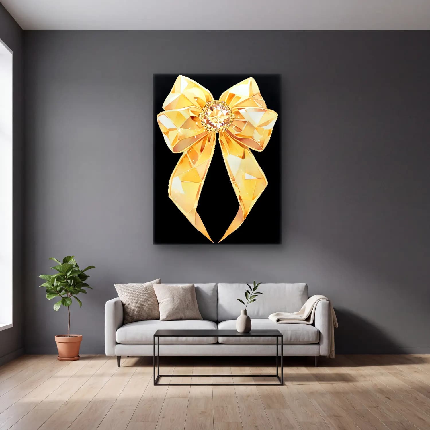 Pastel Fiyonk No. 37 cam tablo — gri duvarlı salonda