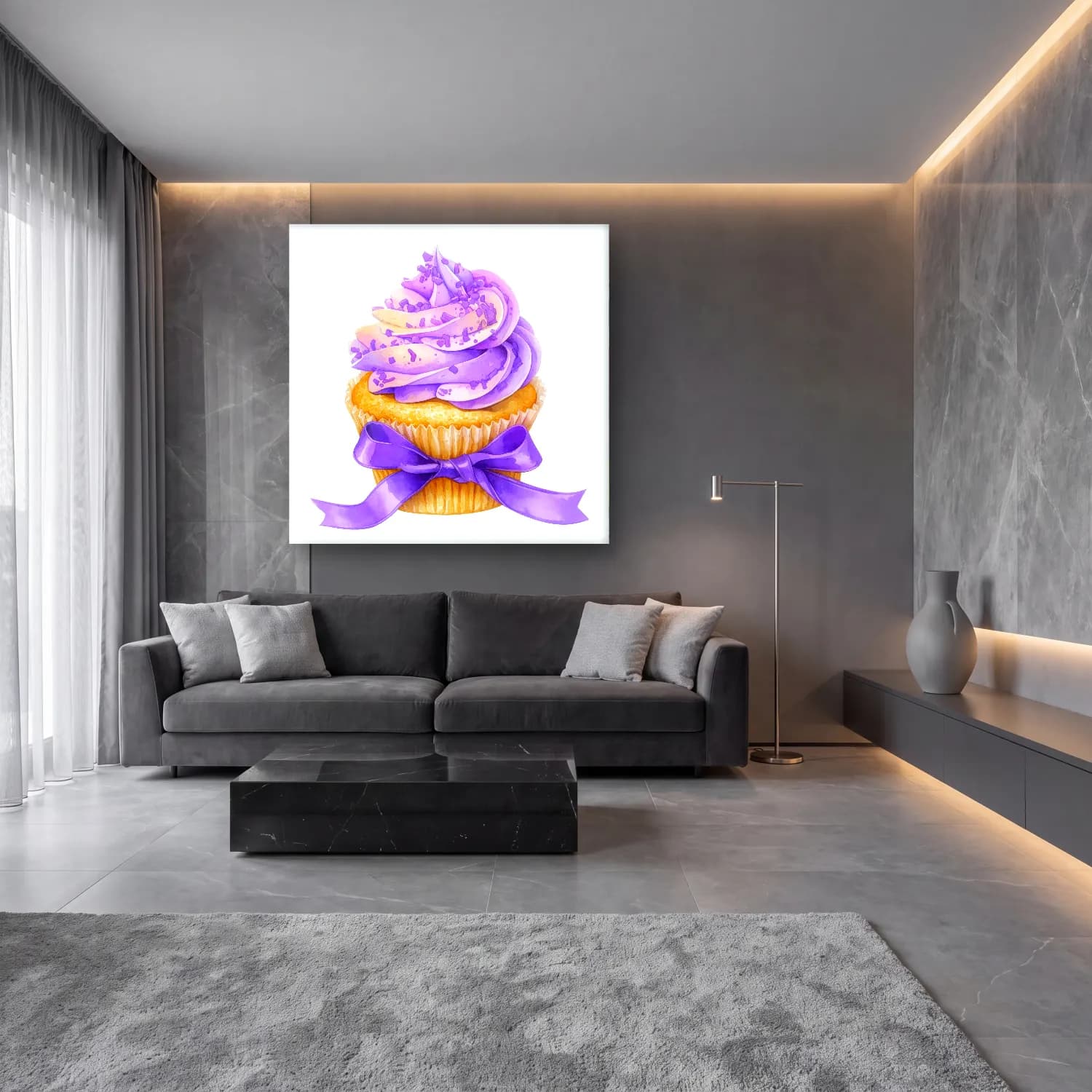 Suluboya Tatlılar – Mor Tonlar cam tablo — lüks salon duvarında