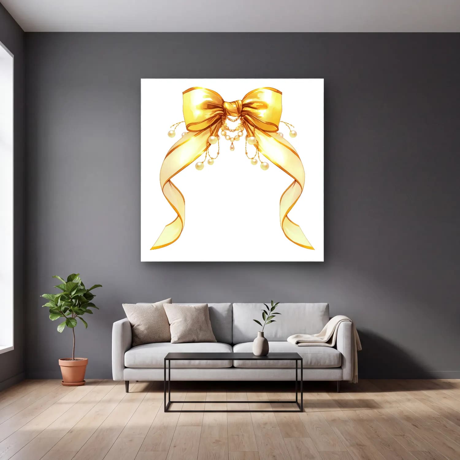 Vintage Fiyonk No. 33 cam tablo — gri duvarlı salonda