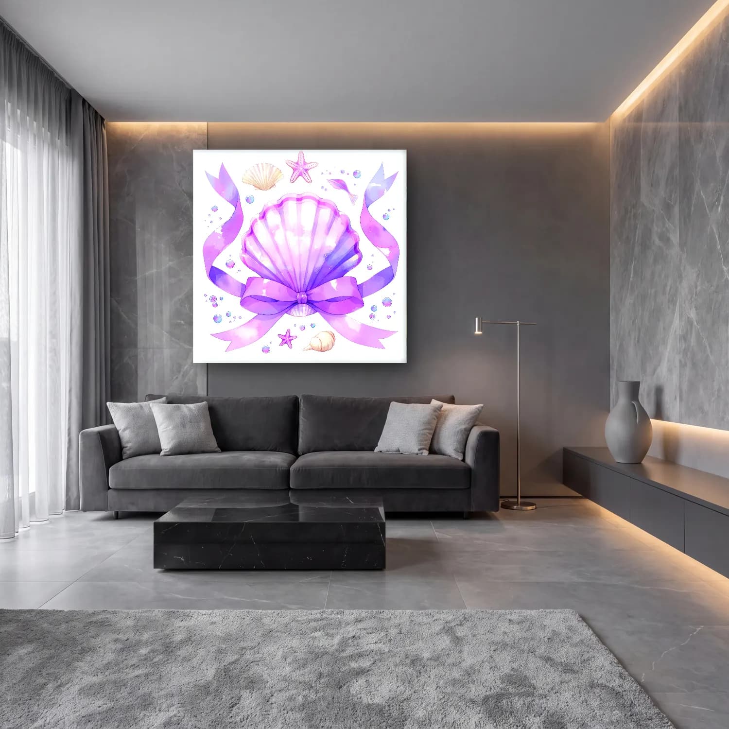Pastel Deniz Kabukları – Mor Tonlar cam tablo — lüks salon duvarında