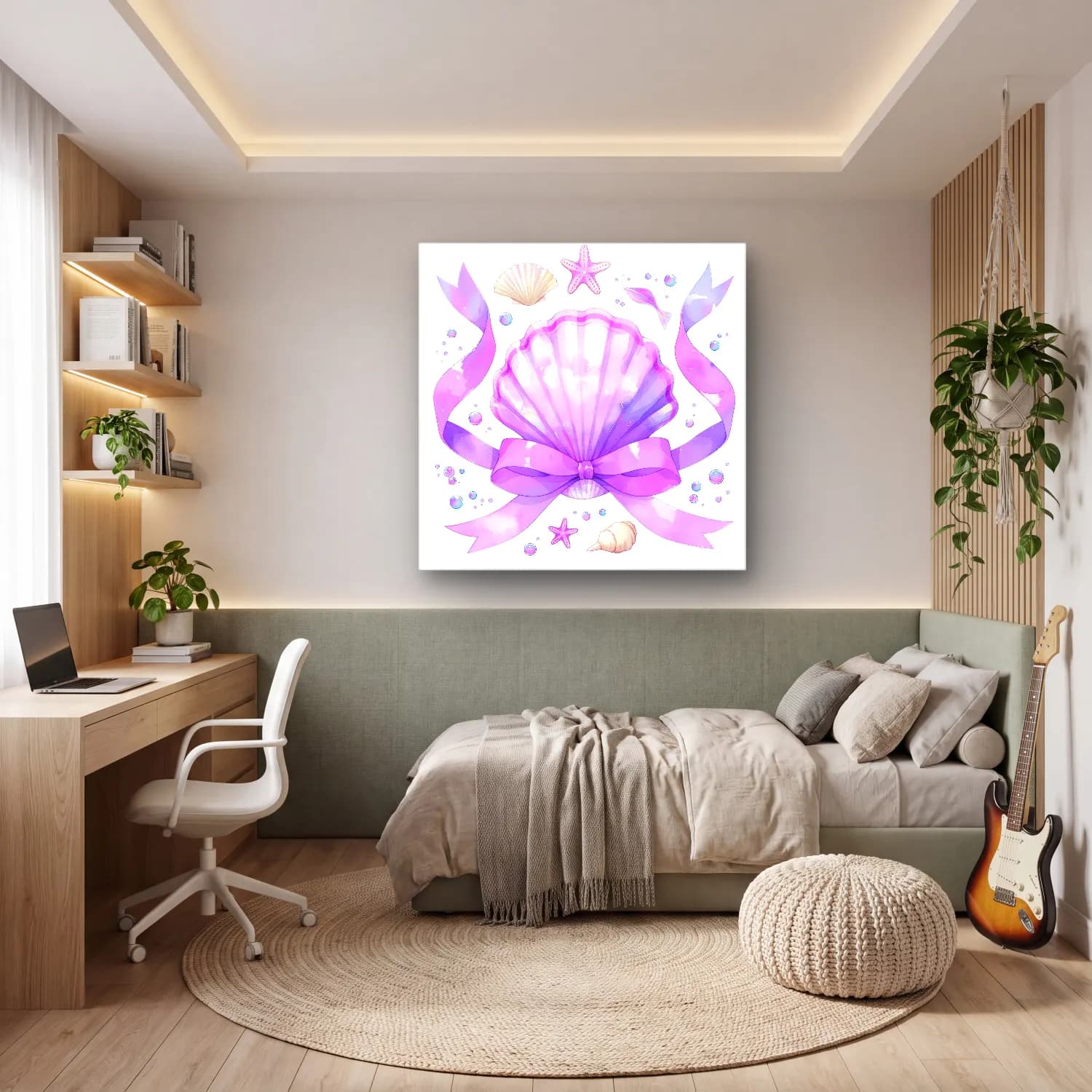 Pastel Deniz Kabukları – Mor Tonlar cam tablo — genç odasında