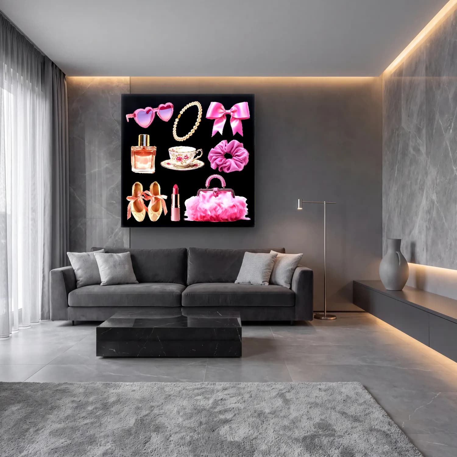 Pastel Topuklu Ayakkabı ve Çanta cam tablo — lüks salon duvarında