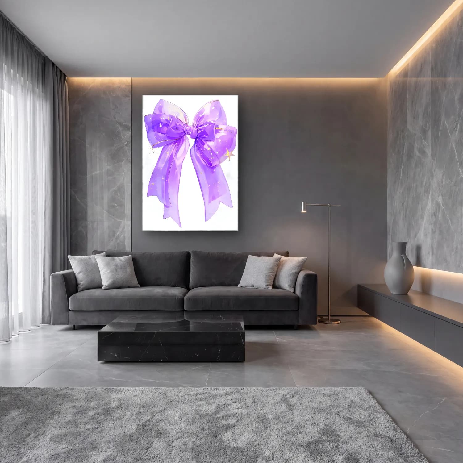 Pastel Fiyonk No. 40 cam tablo — lüks salon duvarında