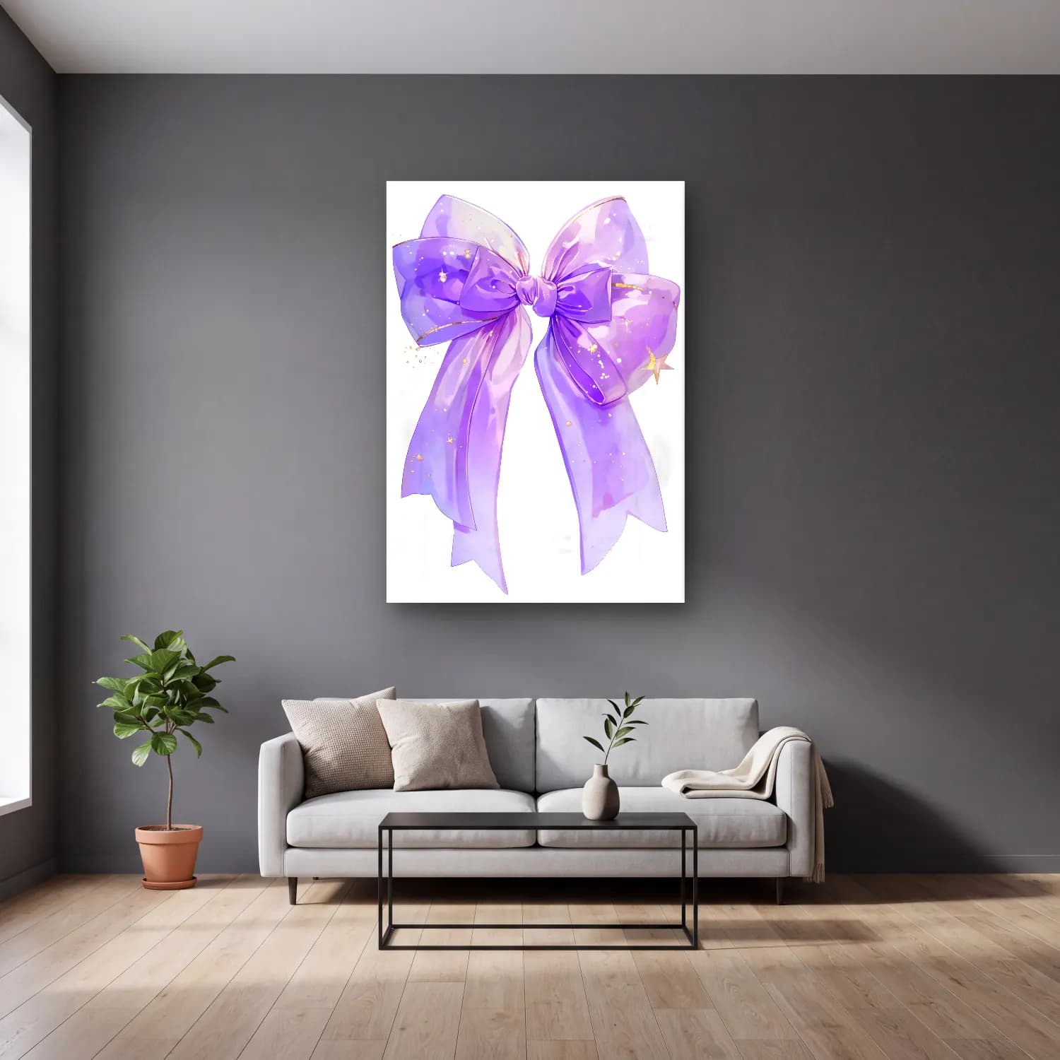 Pastel Fiyonk No. 40 cam tablo — gri duvarlı salonda