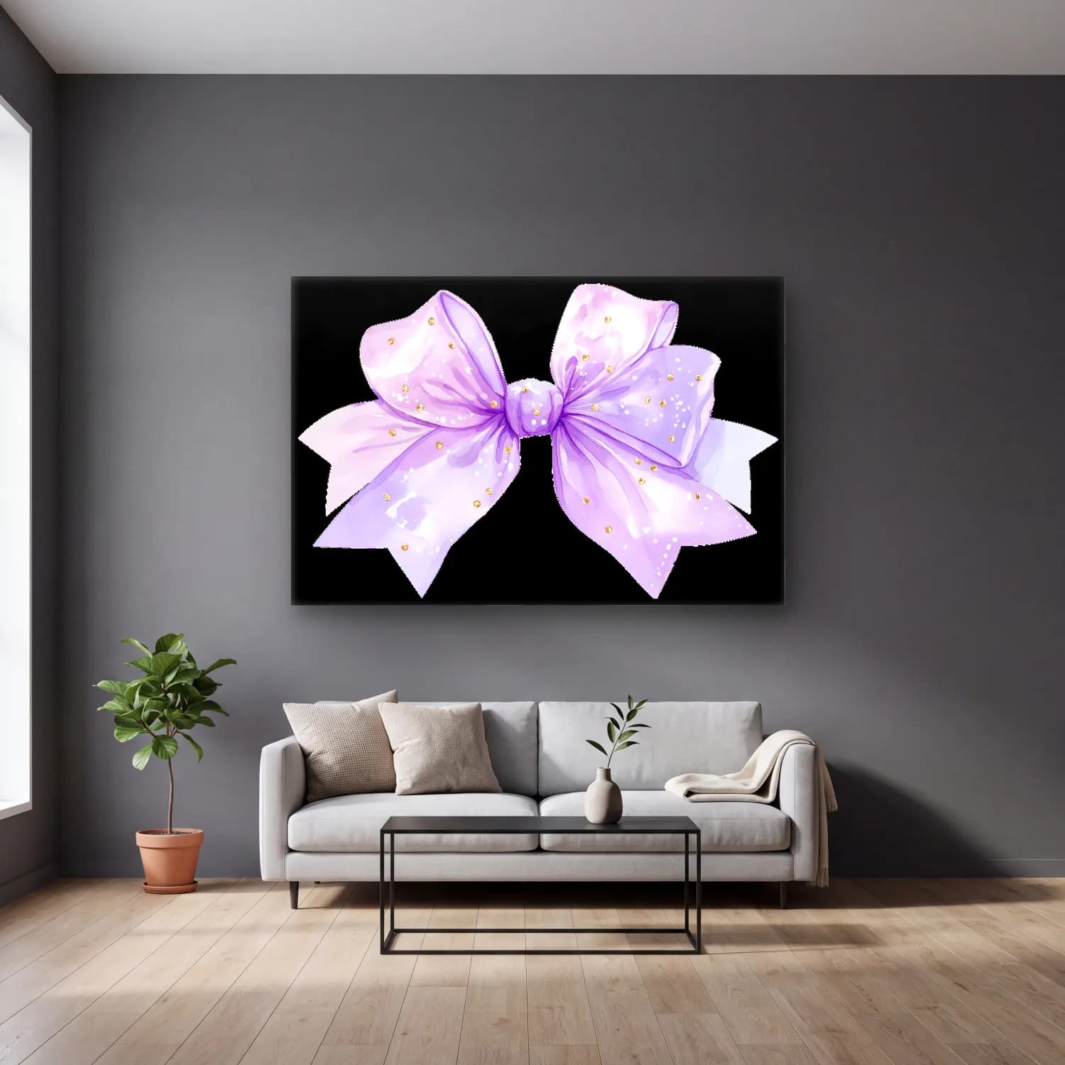 Pastel Fiyonk No. 41 cam tablo — gri duvarlı salonda