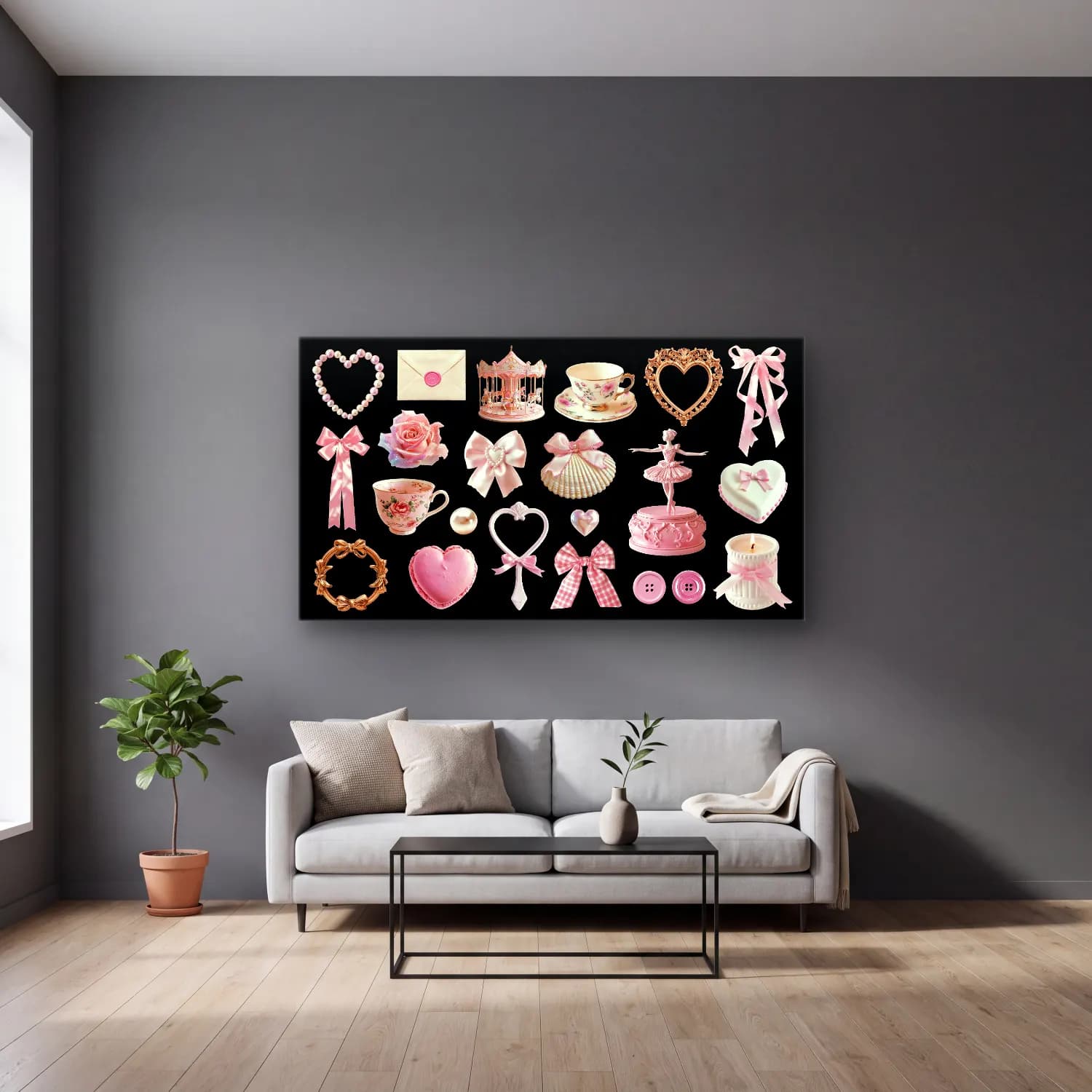 Pastel Tatlılar – Pembe Tonlar cam tablo — gri duvarlı salonda