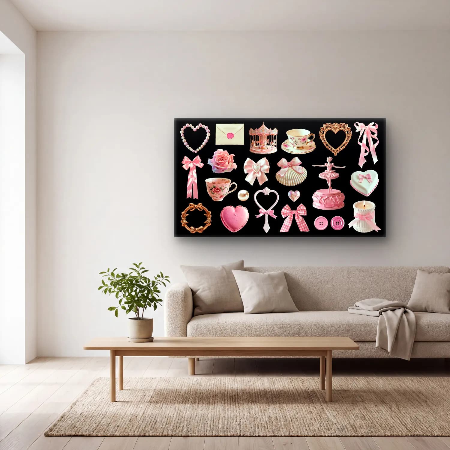 Pastel Tatlılar – Pembe Tonlar cam tablo — açık renk salonda