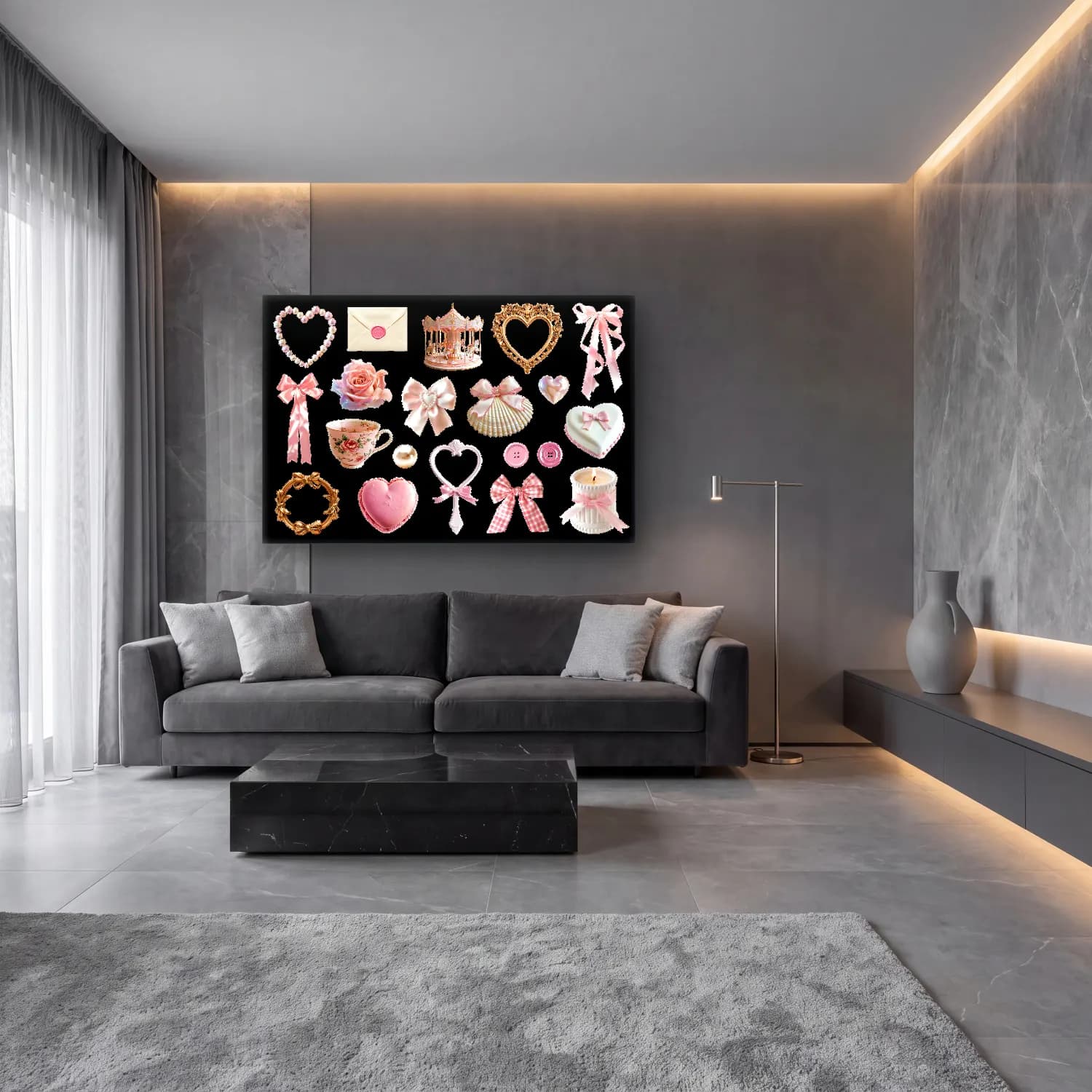 Pastel Hediye Paketleri cam tablo — lüks salon duvarında