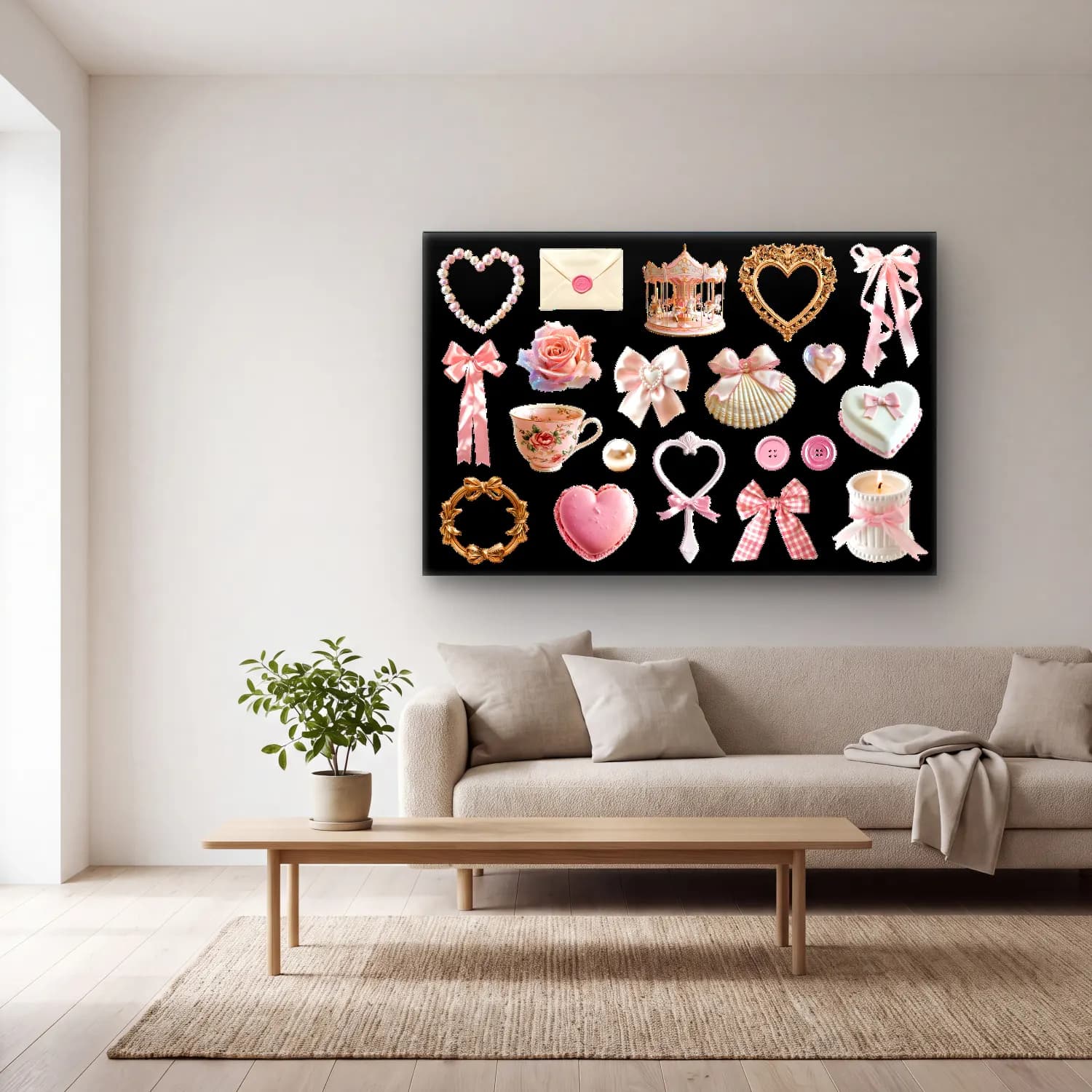Pastel Hediye Paketleri cam tablo — açık renk salonda