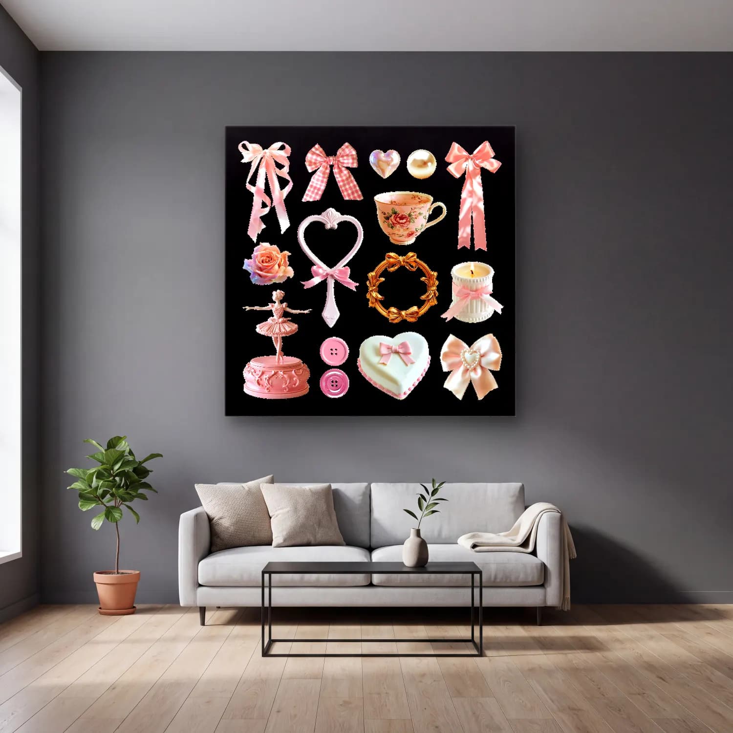 Pastel Fiyonk No. 42 cam tablo — gri duvarlı salonda