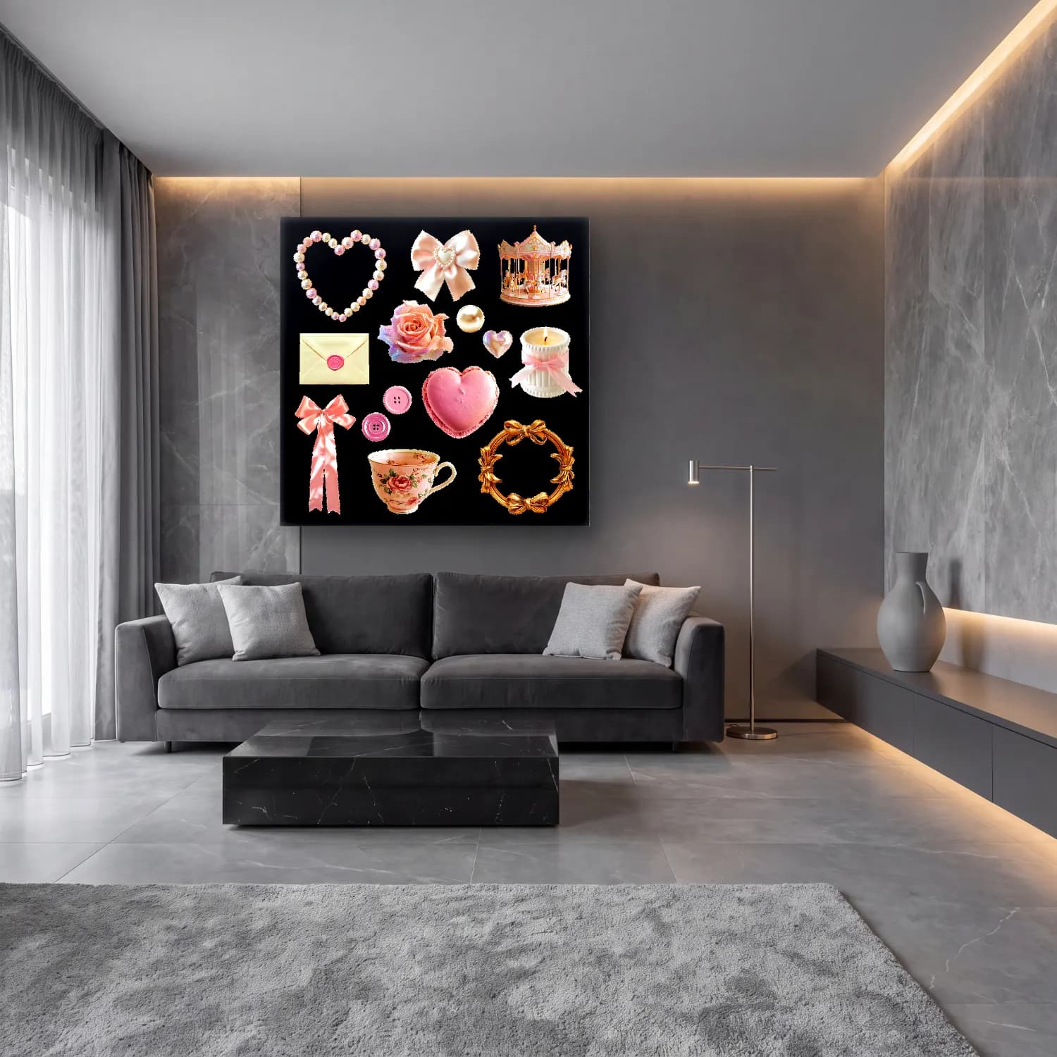 Pastel Hediye Paketleri – Pembe Tonlar cam tablo — lüks salon duvarında