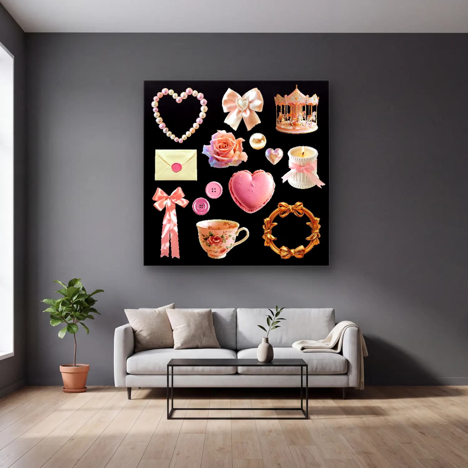 Pastel Hediye Paketleri – Pembe Tonlar cam tablo — gri duvarlı salonda
