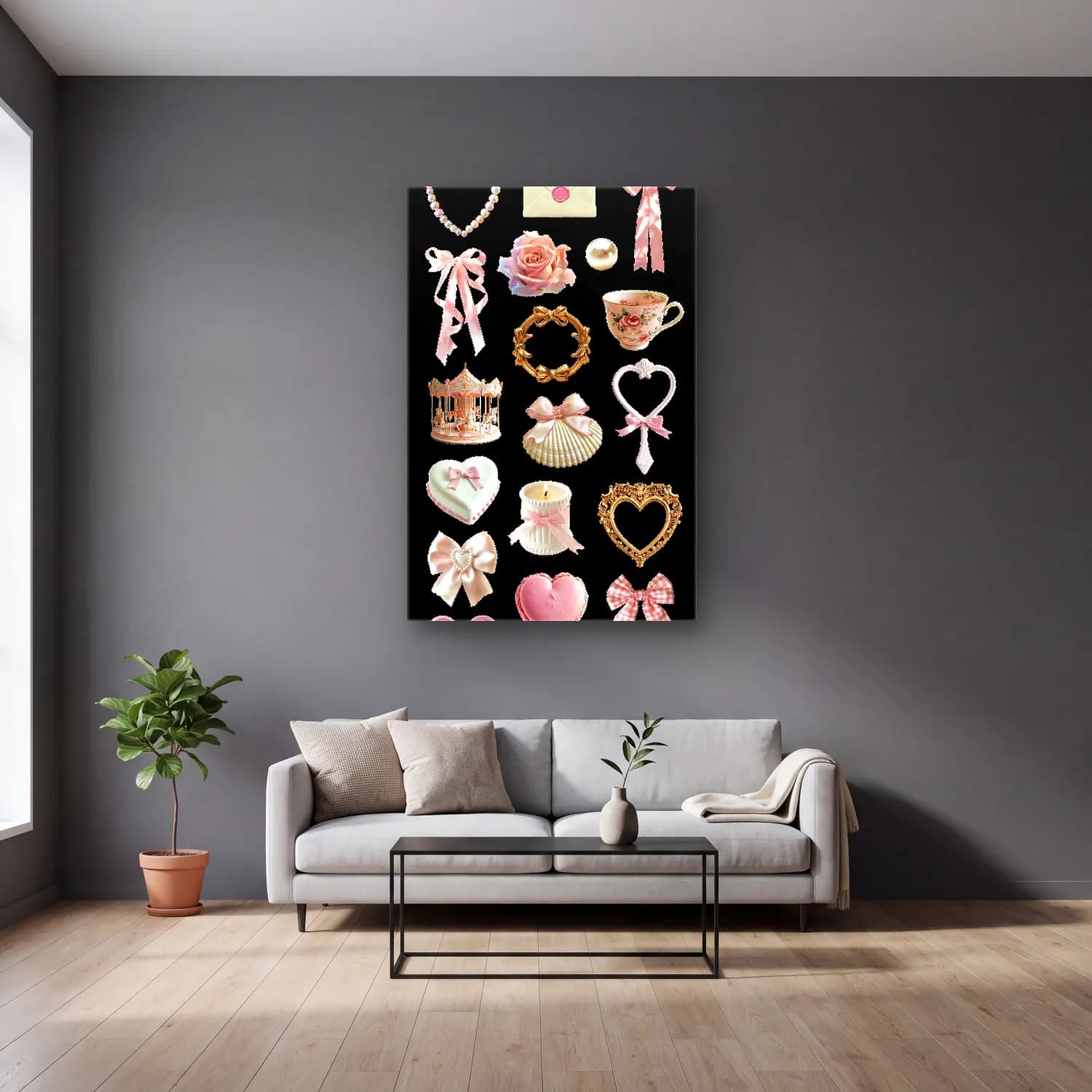 Pastel Tatlılar No. 4 cam tablo — gri duvarlı salonda