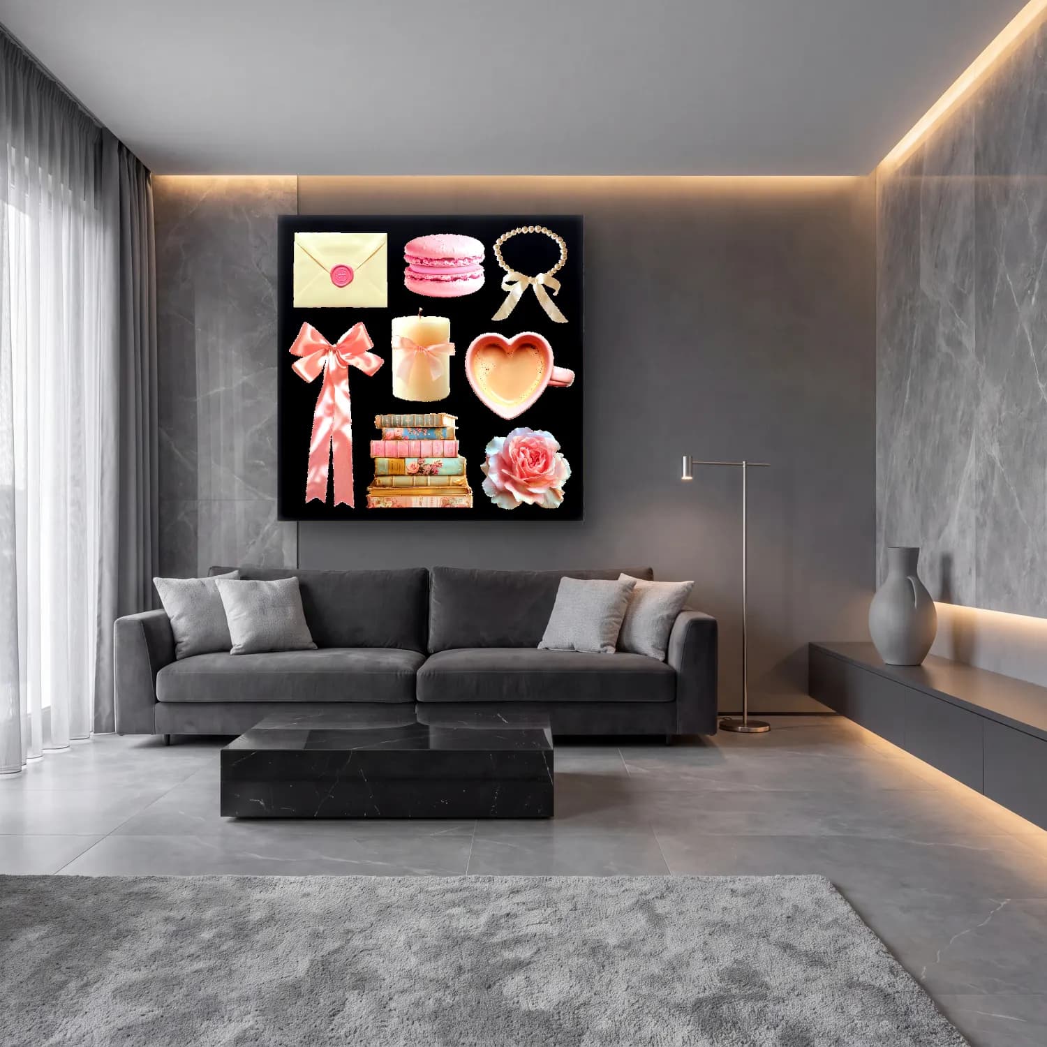Pastel Hediye Paketleri No. 4 cam tablo — lüks salon duvarında