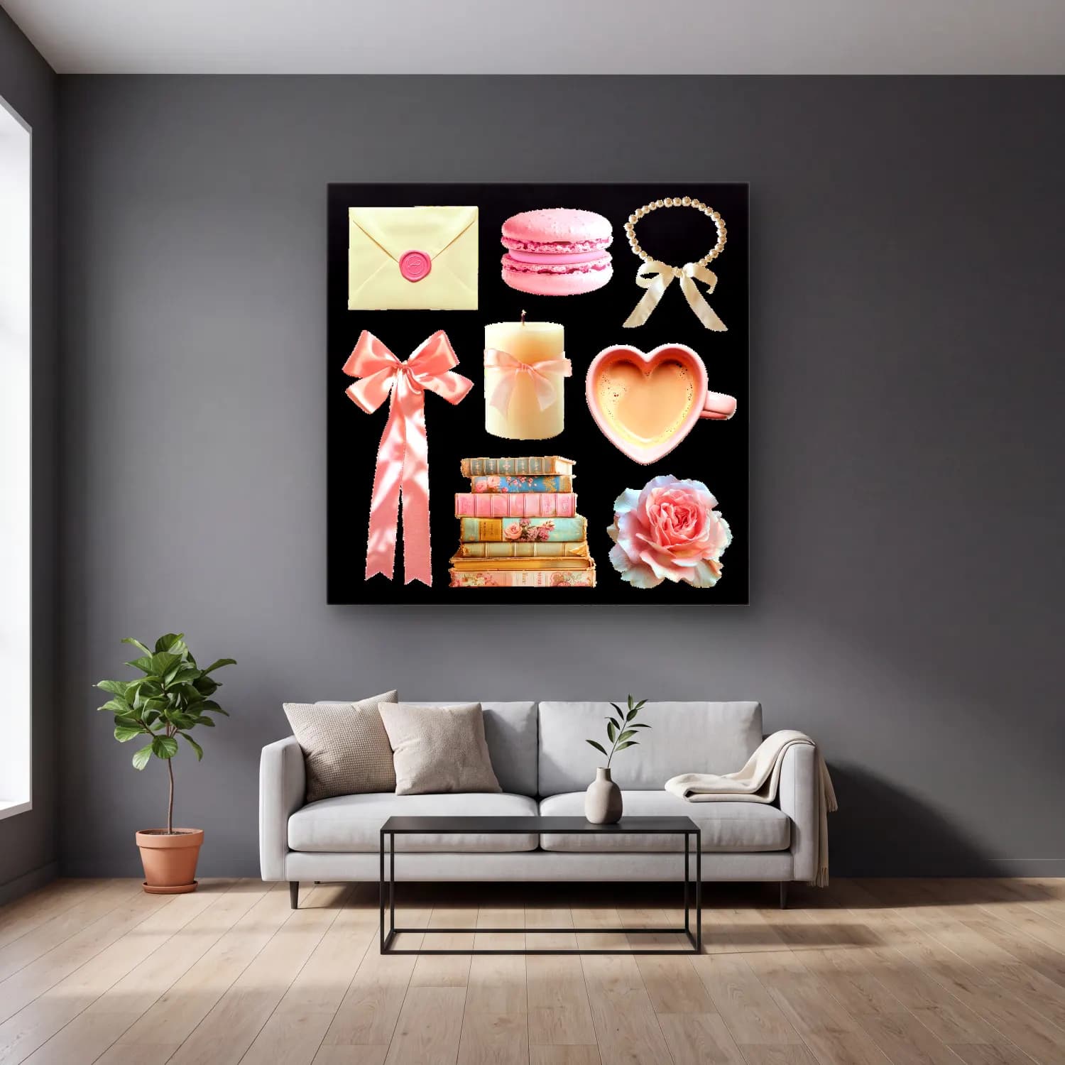Pastel Hediye Paketleri No. 4 cam tablo — gri duvarlı salonda