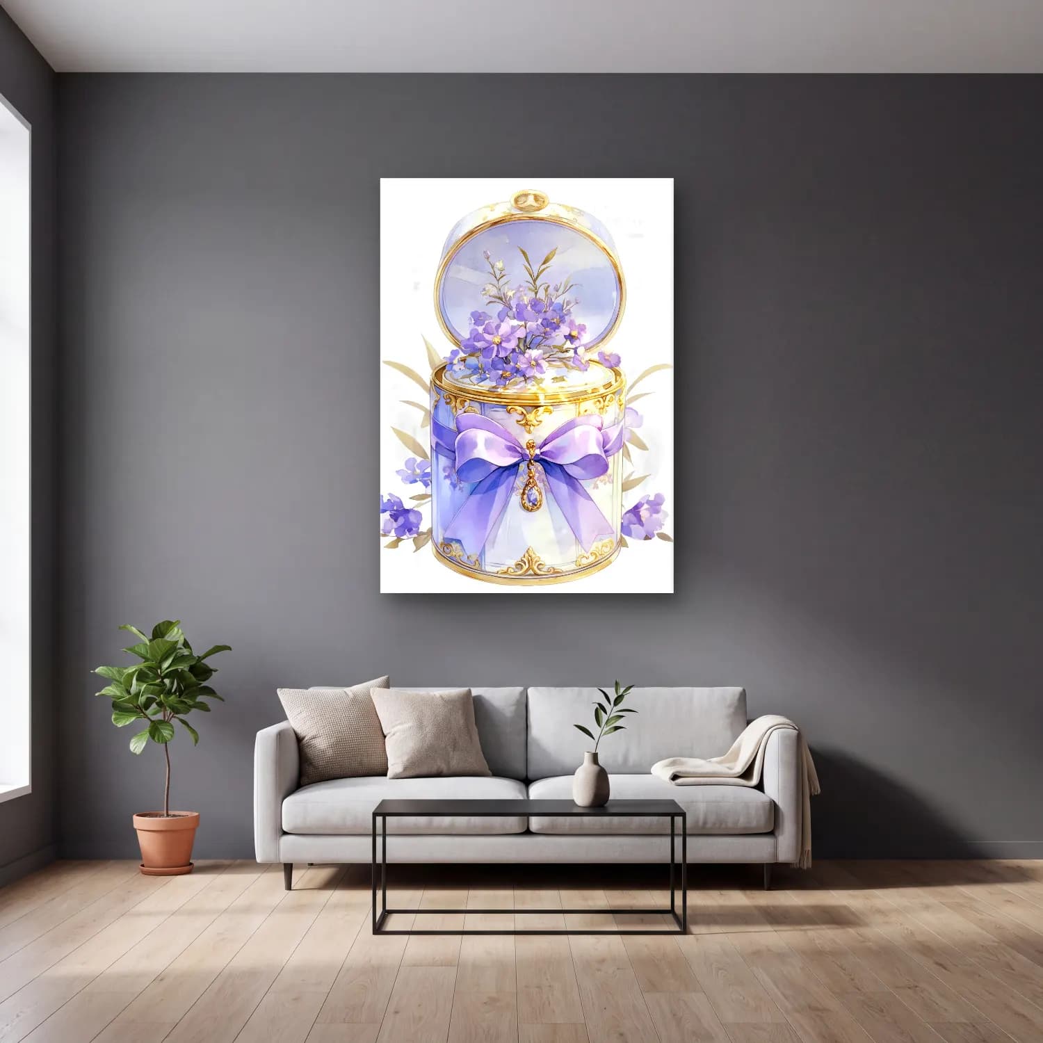 Pastel Parfüm Şişesi No. 6 cam tablo — gri duvarlı salonda