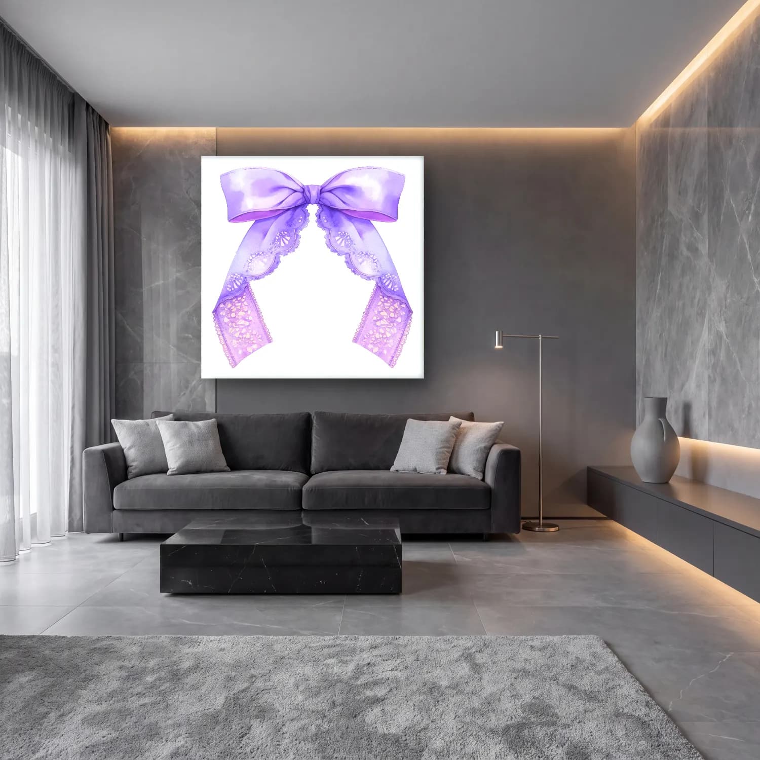 Pastel Fiyonk No. 43 cam tablo — lüks salon duvarında