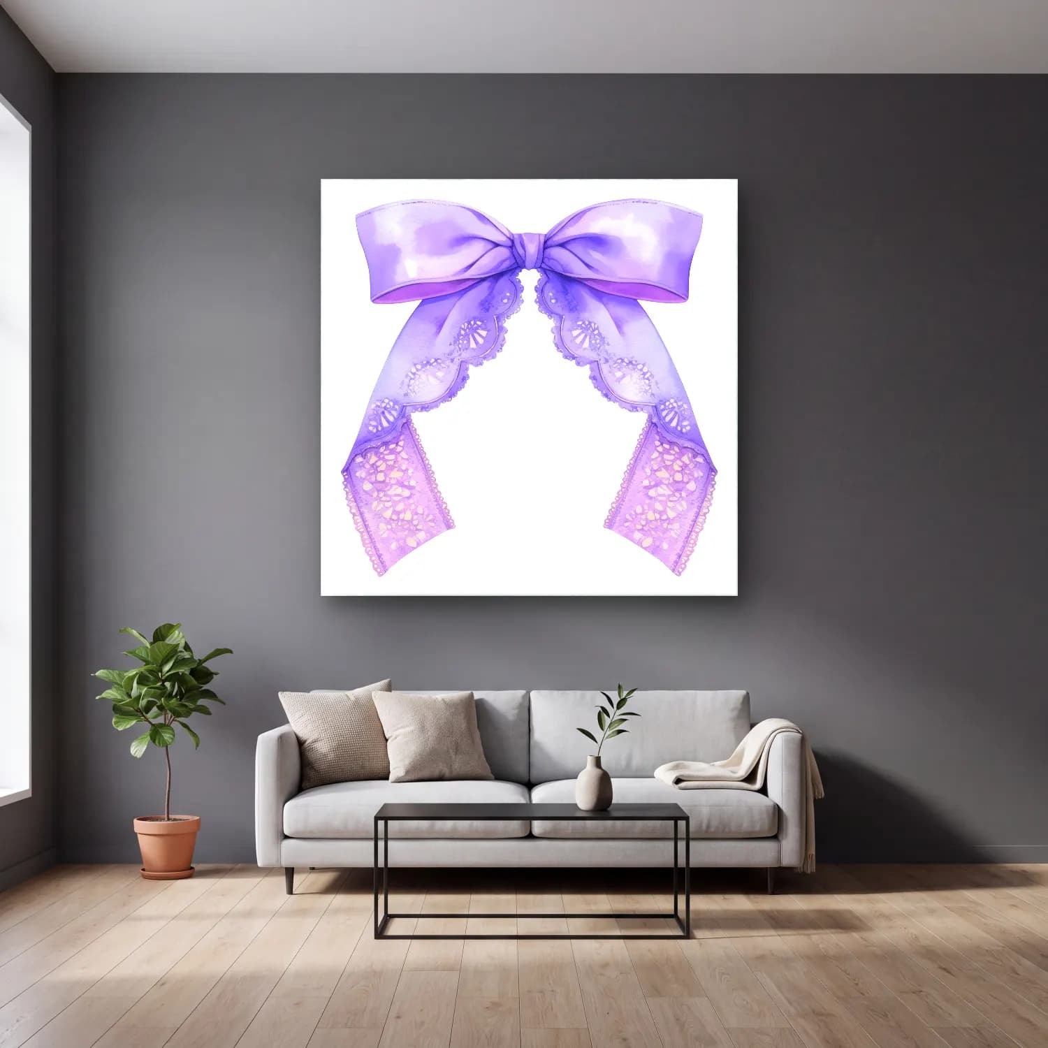 Pastel Fiyonk No. 43 cam tablo — gri duvarlı salonda