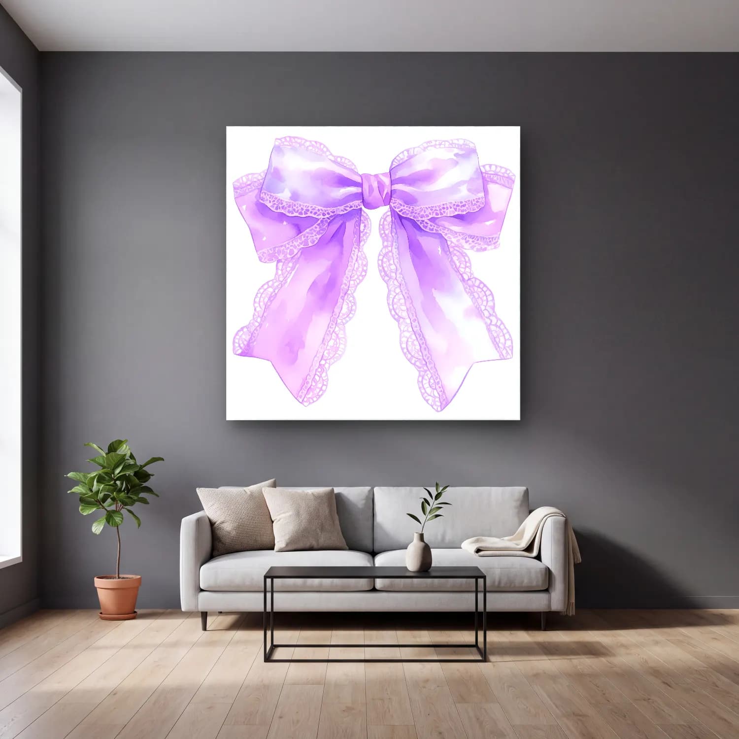 Pastel Fiyonk No. 45 cam tablo — gri duvarlı salonda