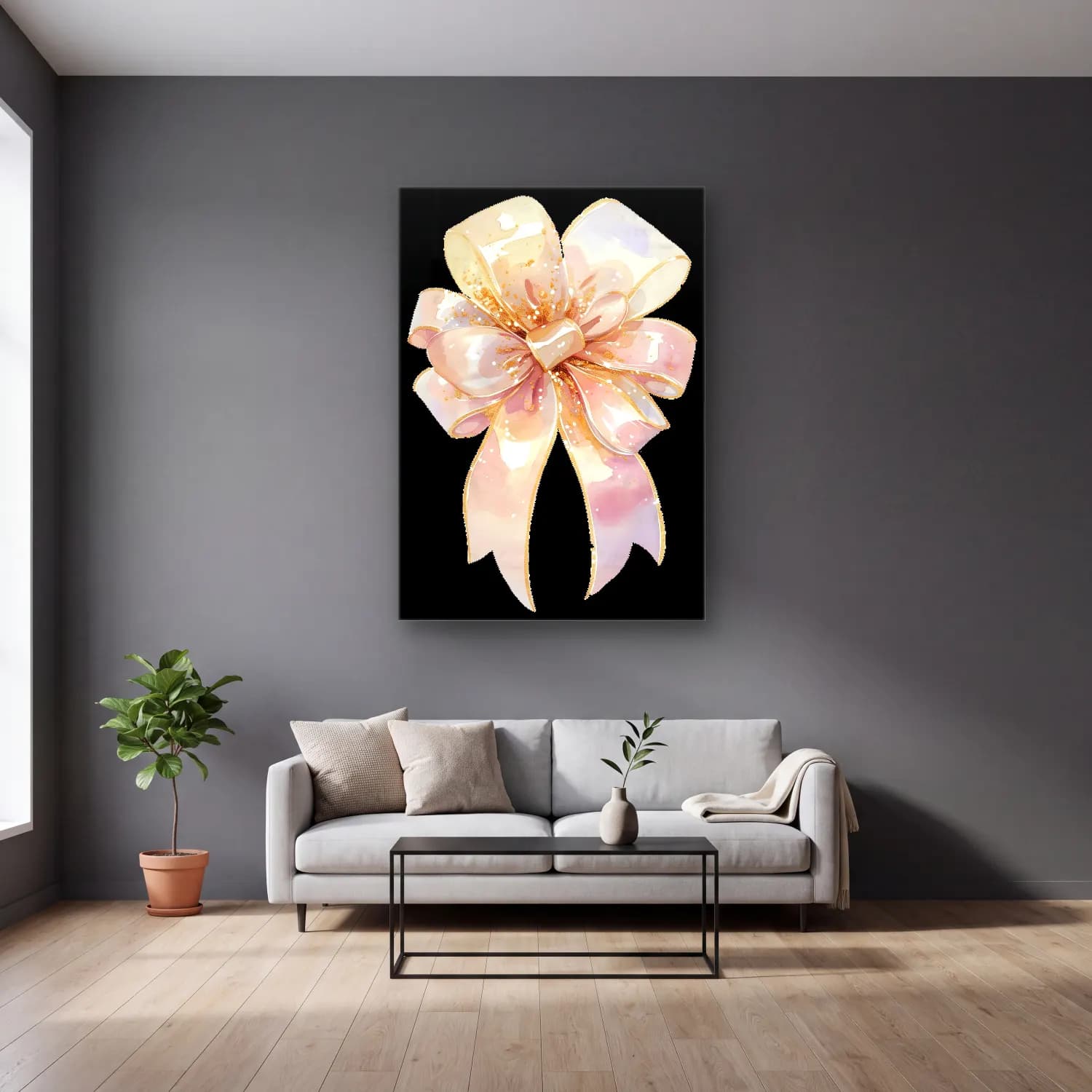 Pastel Fiyonk No. 46 cam tablo — gri duvarlı salonda