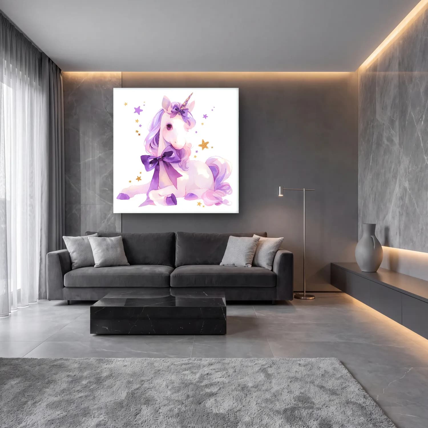 Sevimli İllüstrasyon At – Mor Tonlar cam tablo — lüks salon duvarında