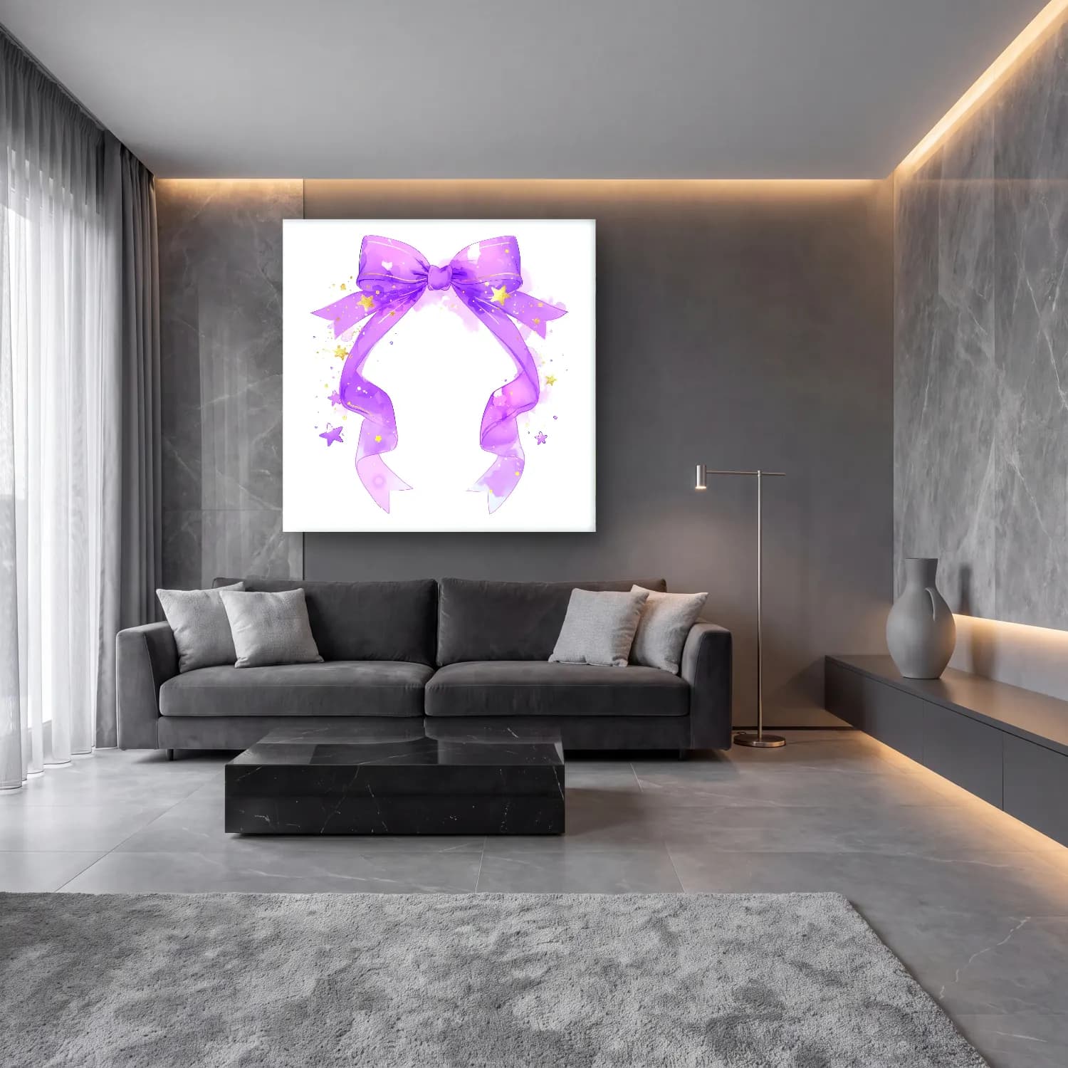 Pastel Fiyonk No. 47 cam tablo — lüks salon duvarında
