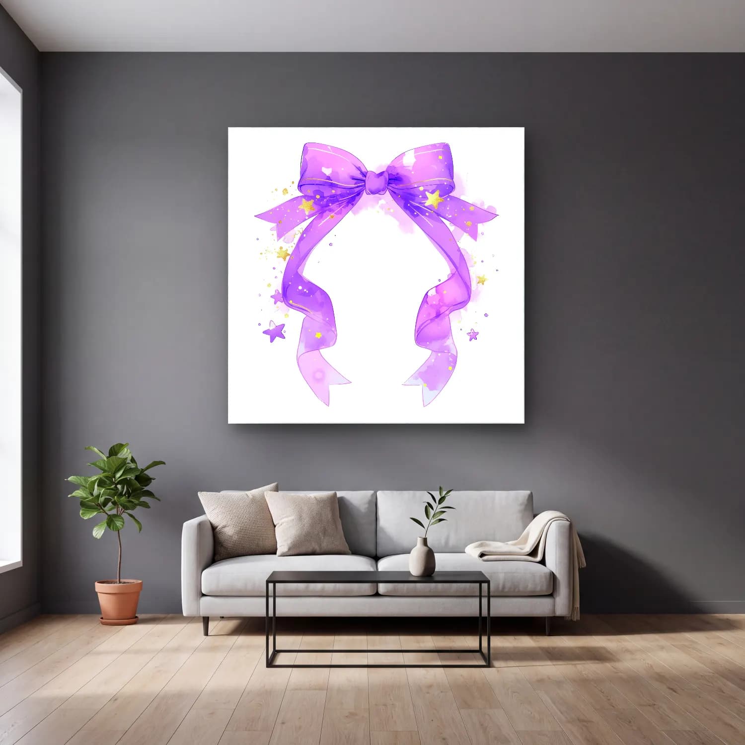 Pastel Fiyonk No. 47 cam tablo — gri duvarlı salonda