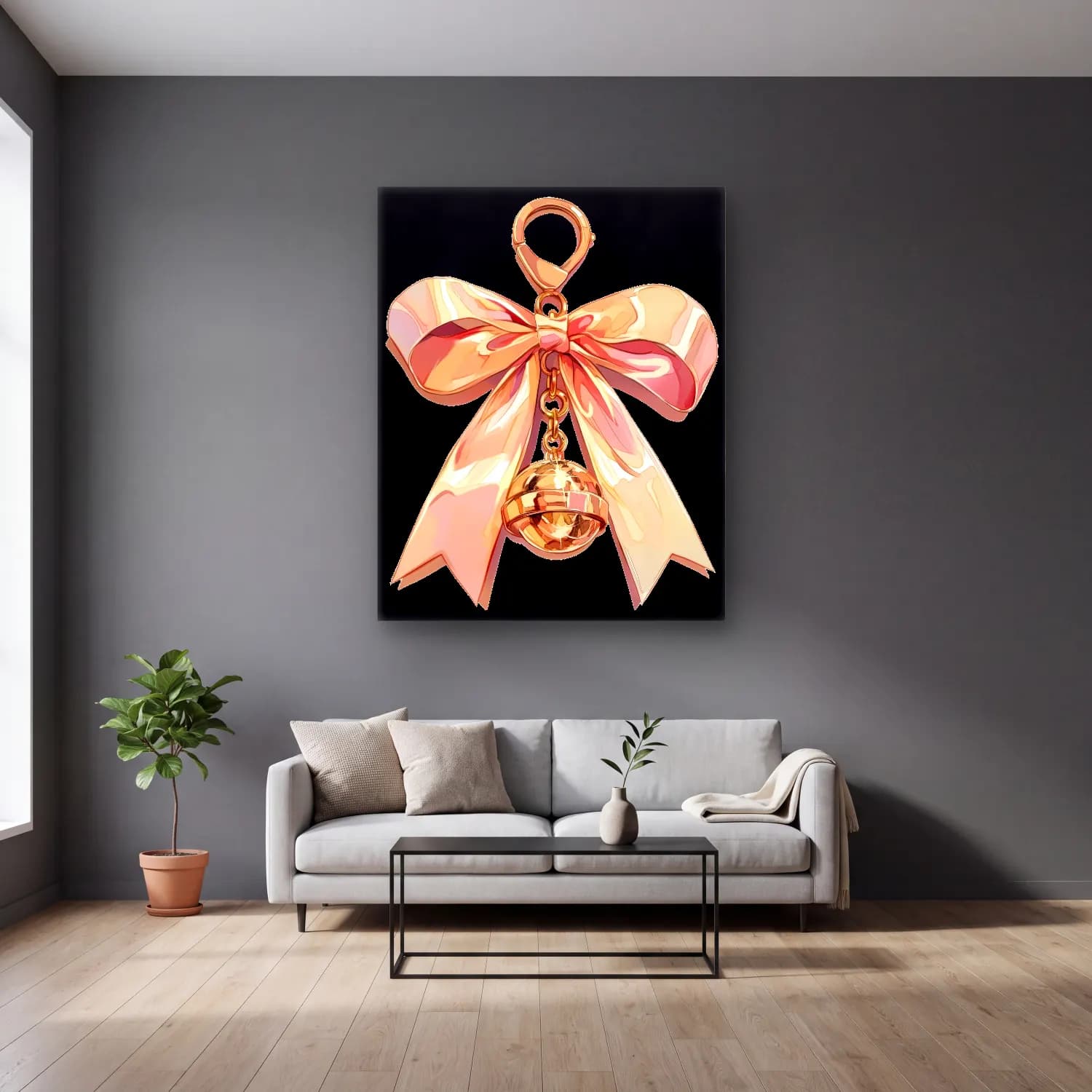 Pastel Fiyonk No. 49 cam tablo — gri duvarlı salonda